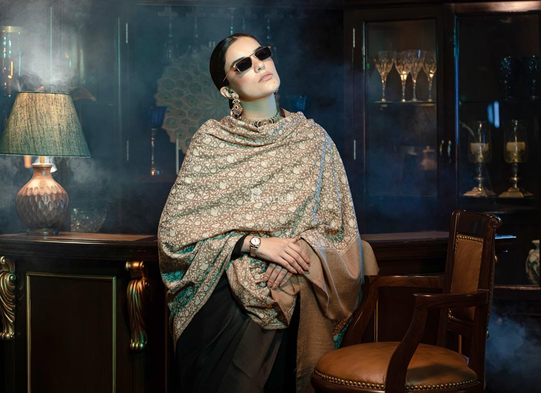 Pashtush India Womens Shawls Pashtush womens Extra Fine Wool Shawl, tone on tone design, Taupe