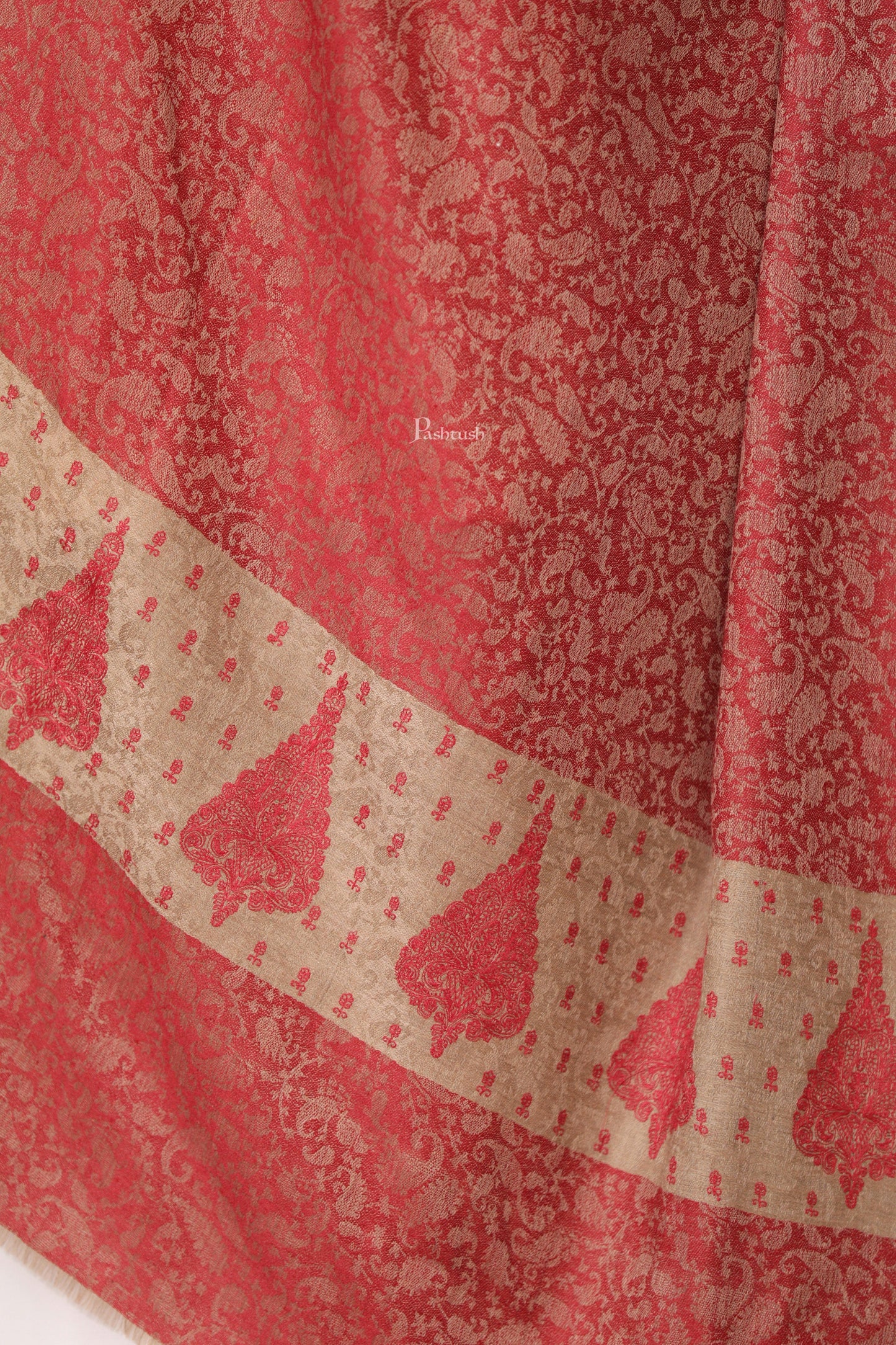 Pashtush India Womens Shawls Pashtush Womens Extra Fine Wool Shawl, Tone On Tone Embroidery Design, Red
