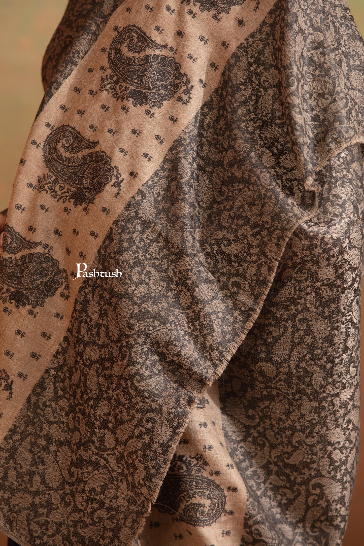 Pashtush India Womens Shawls Pashtush Womens Extra Fine Wool Shawl, Tone On Tone Palla Embroidery Design, Black