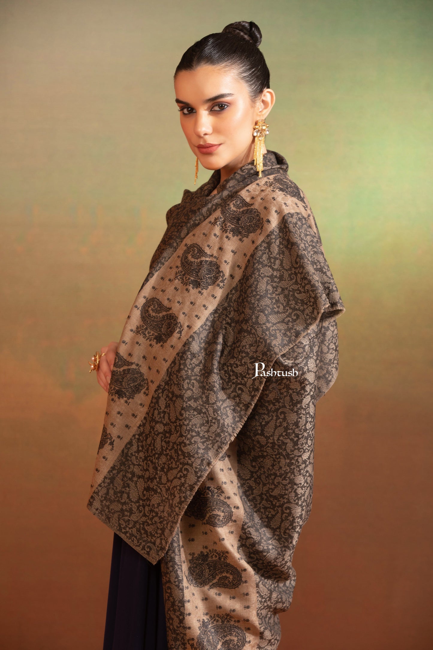 Pashtush India Womens Shawls Pashtush Womens Extra Fine Wool Shawl, Tone On Tone Palla Embroidery Design, Black