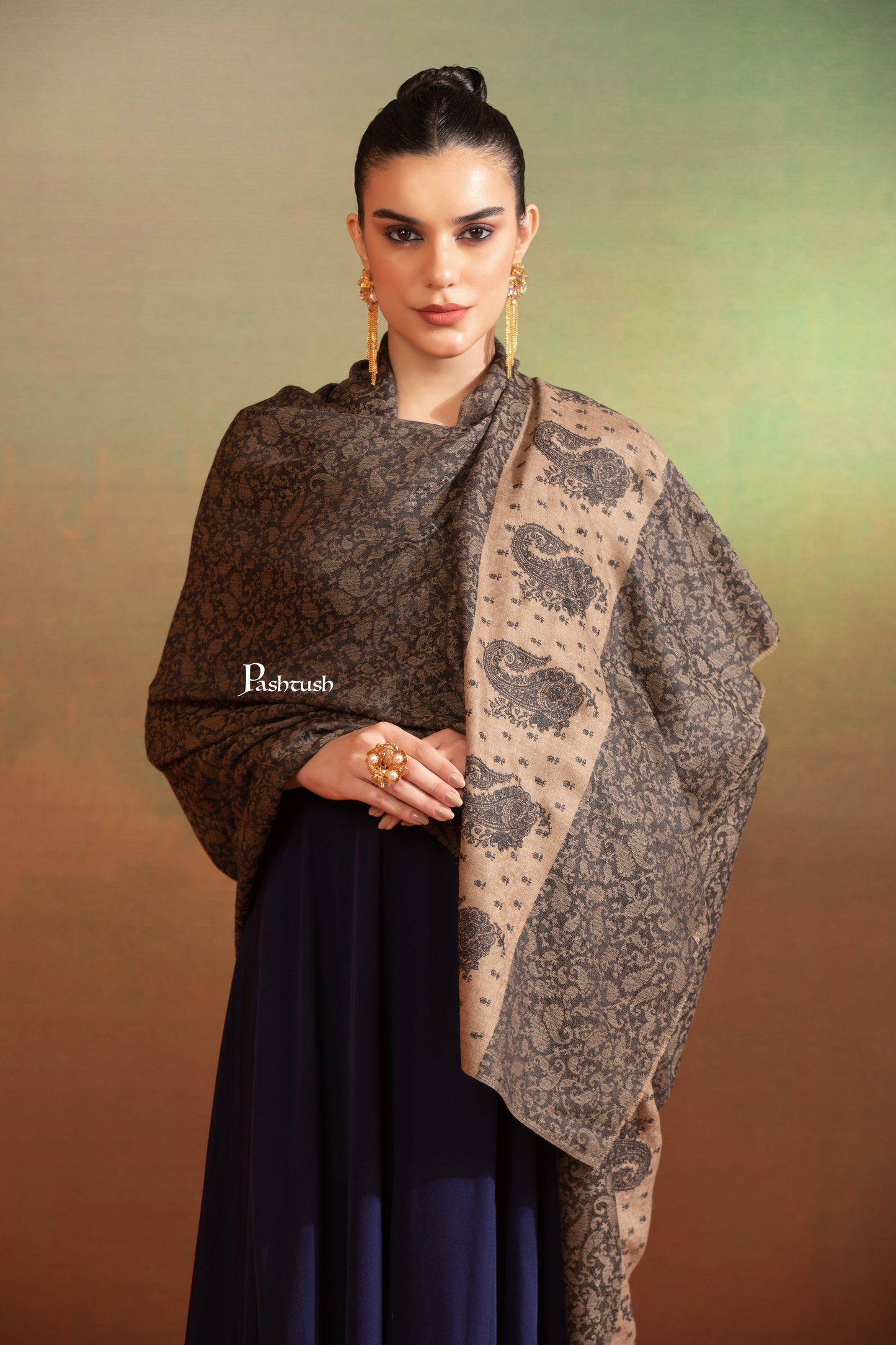 Pashtush India Womens Shawls Pashtush Womens Extra Fine Wool Shawl, Tone On Tone Palla Embroidery Design, Black