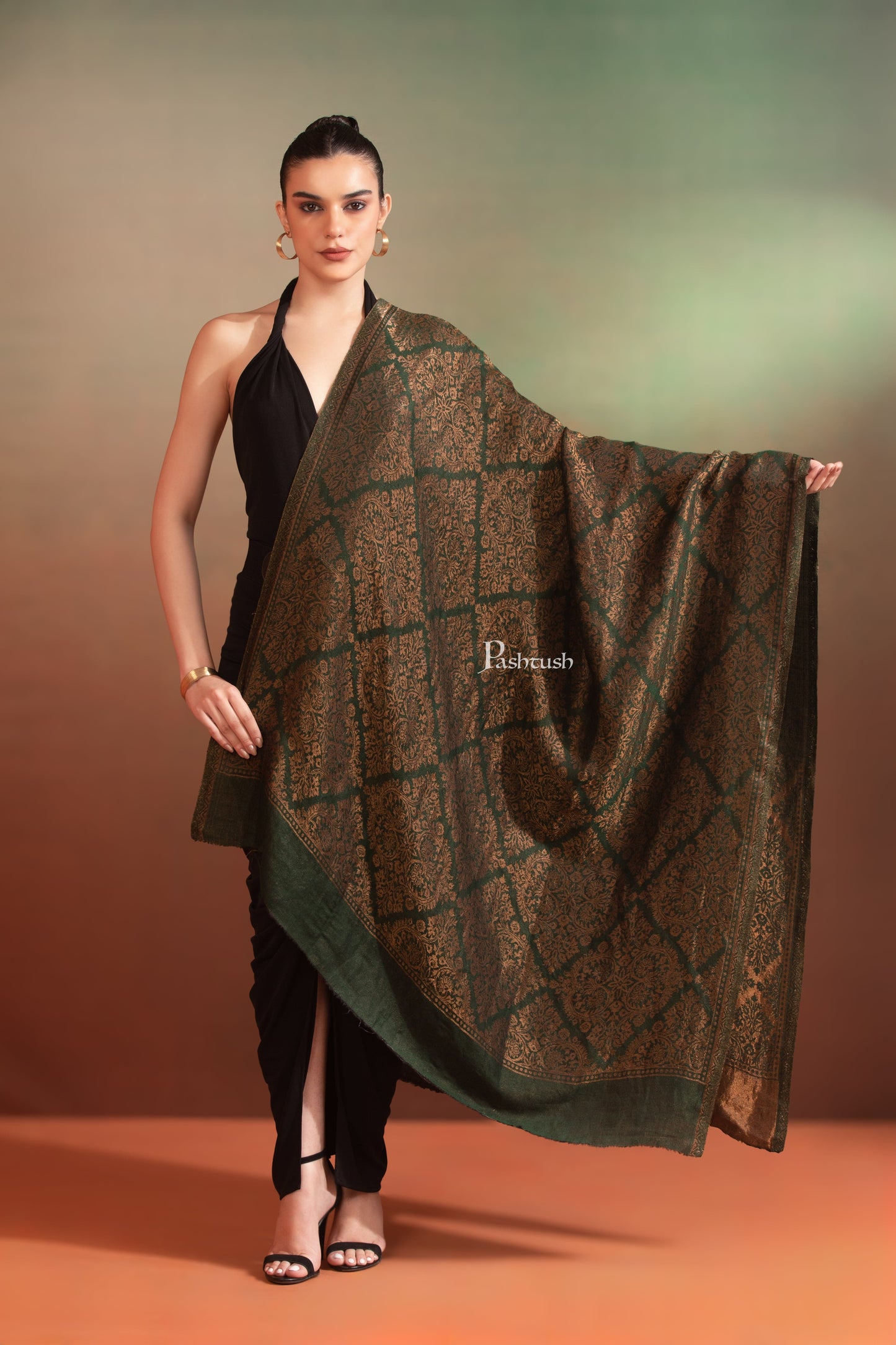 Pashtush India Womens Shawls Pashtush Womens Extra Fine Wool Shawl, Twilight Collection, Woven Design, Green