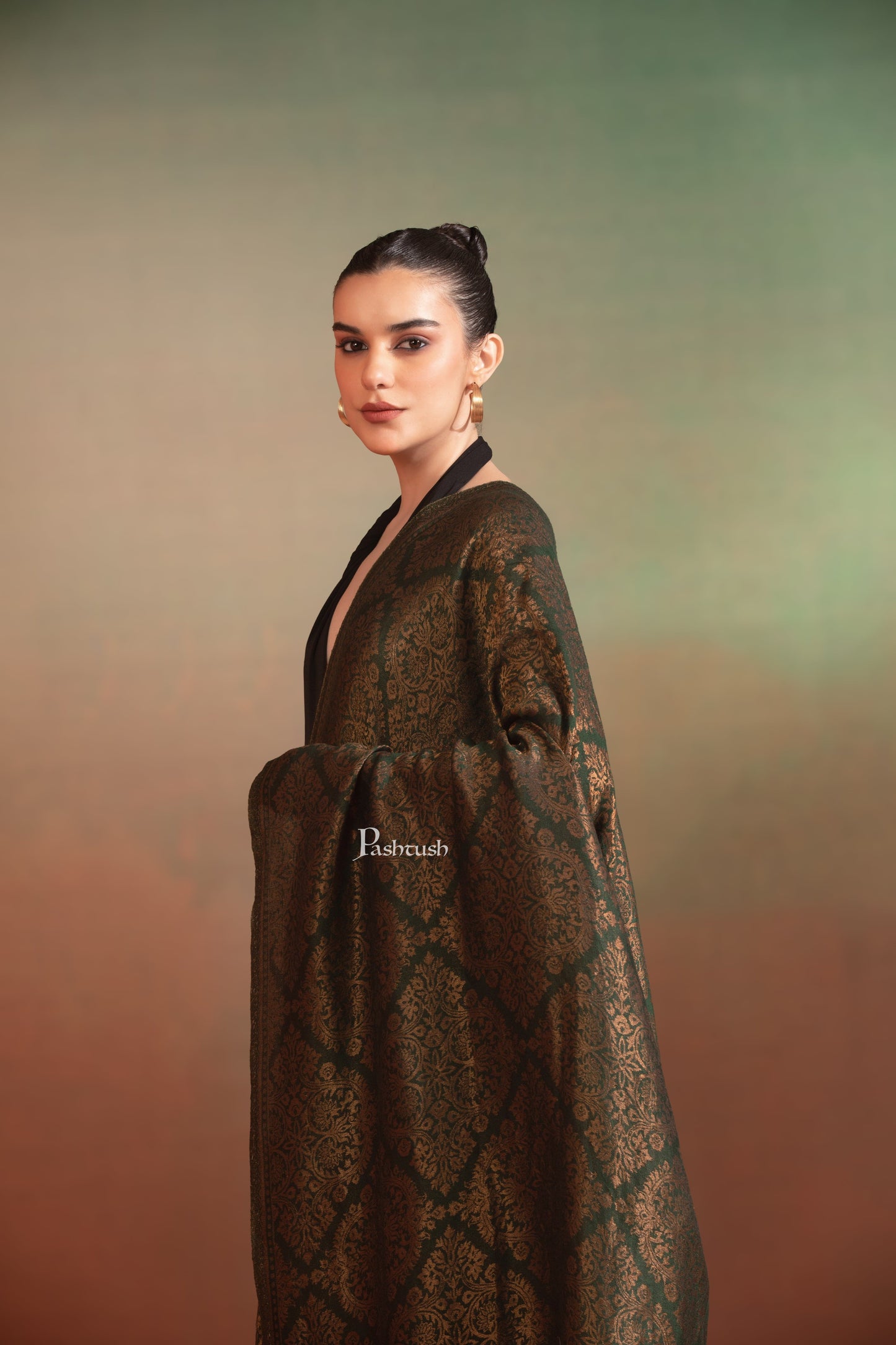 Pashtush India Womens Shawls Pashtush Womens Extra Fine Wool Shawl, Twilight Collection, Woven Design, Green