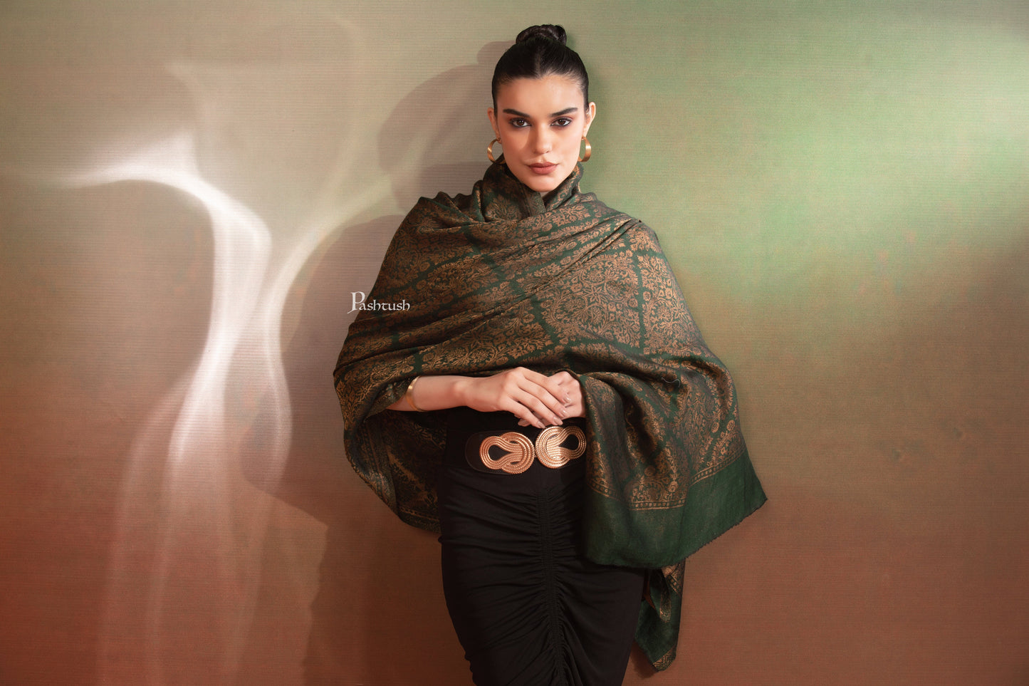 Pashtush India Womens Shawls Pashtush Womens Extra Fine Wool Shawl, Twilight Collection, Woven Design, Green