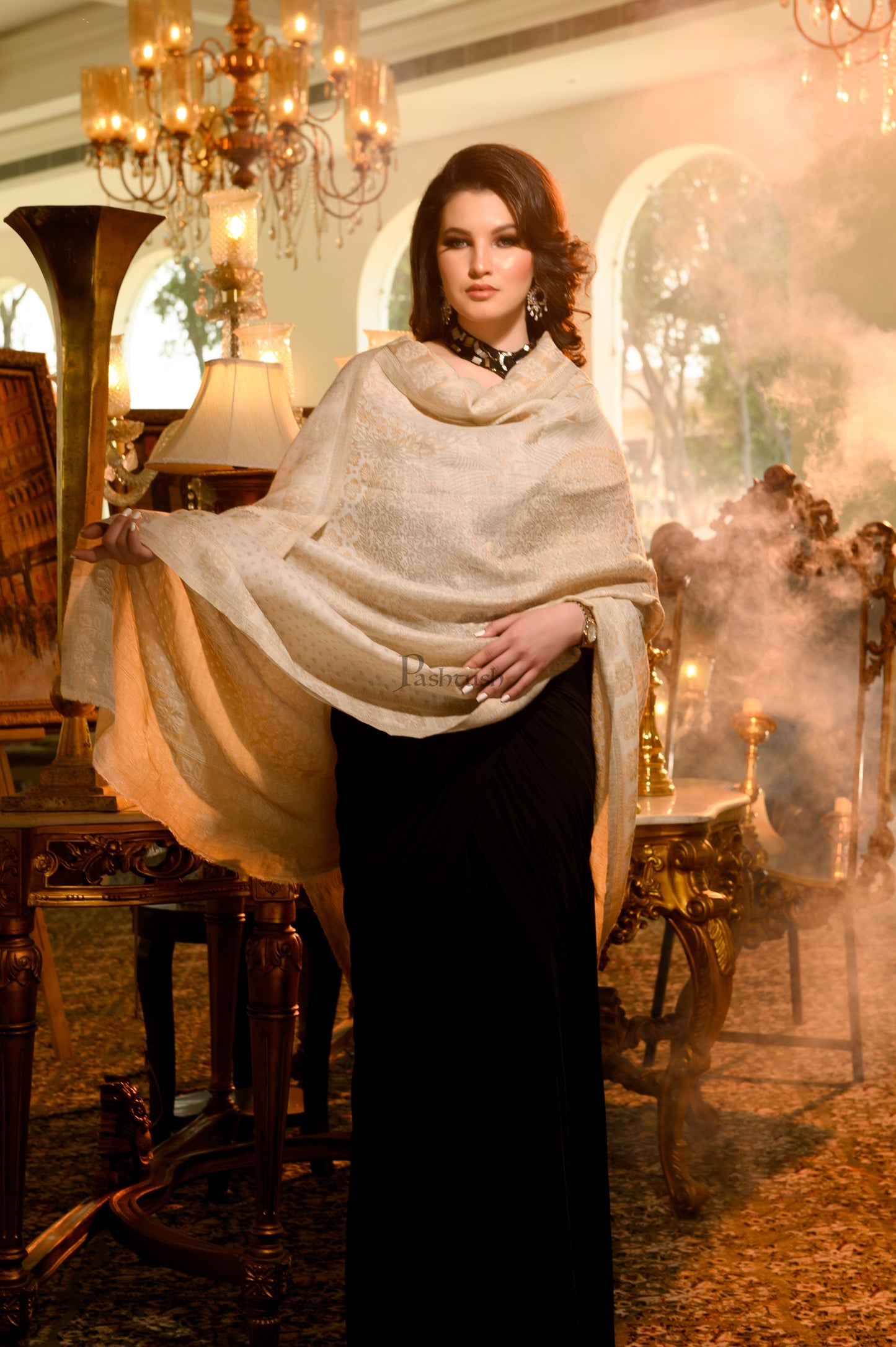 Pashtush India Womens Shawls Pashtush Womens Extra Fine Wool Shawl, Twilight Reversible Design, Ivory