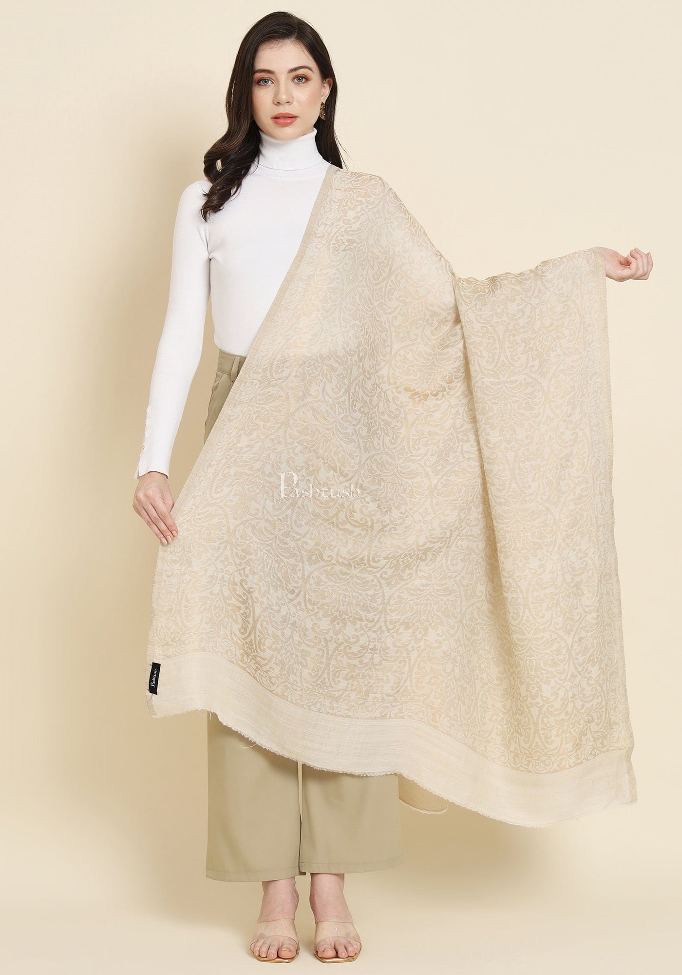 Pashtush India Womens Shawls Pashtush Womens Extra Fine Wool Shawl, Twilight Reversible Design, Ivory