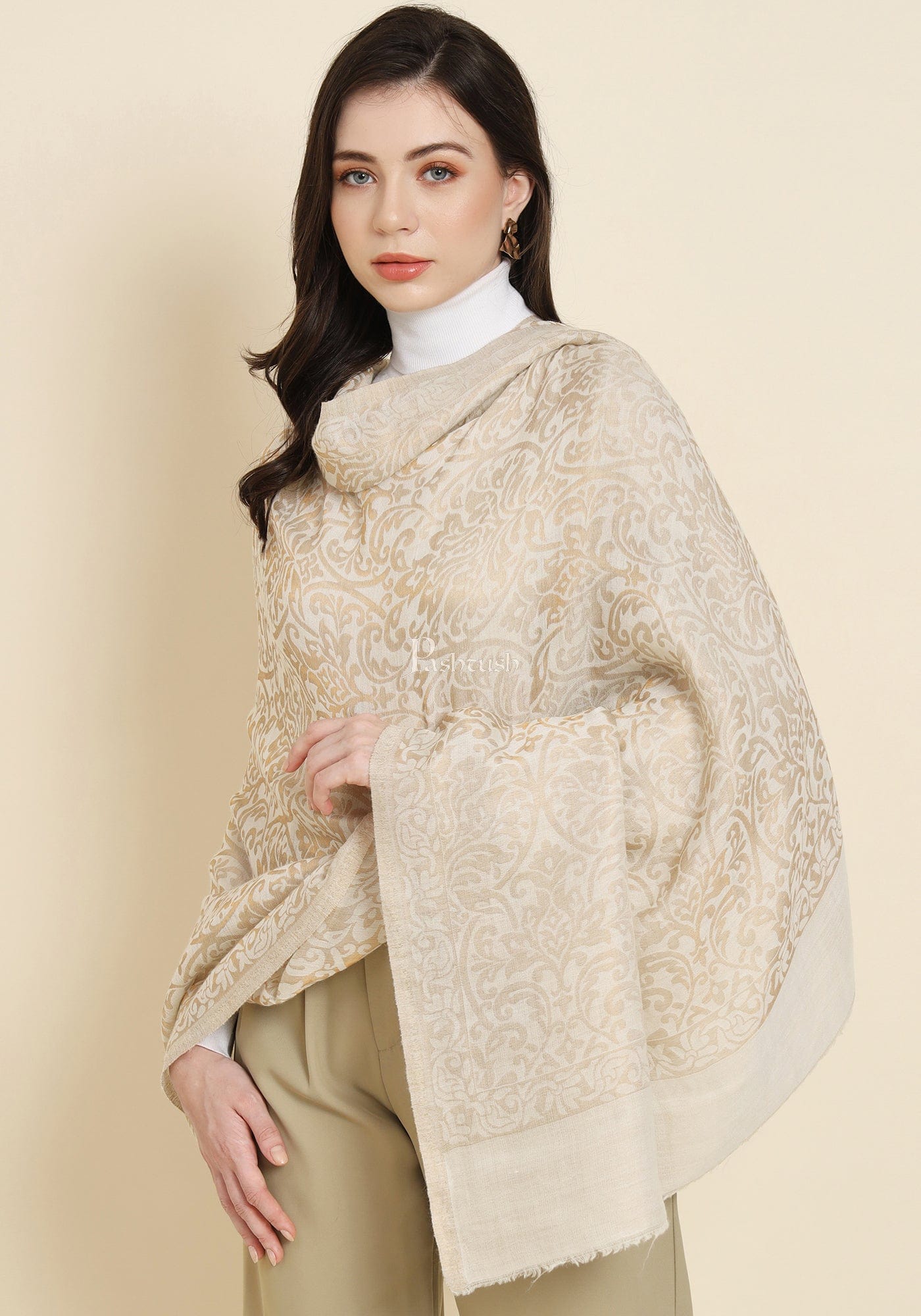 Pashtush India Womens Shawls Pashtush Womens Extra Fine Wool Shawl, Twilight Reversible Design, Ivory