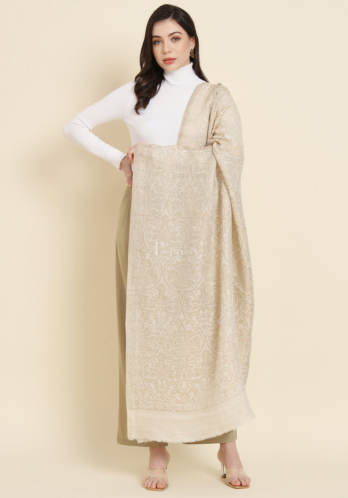 Pashtush India Womens Shawls Pashtush Womens Extra Fine Wool Shawl, Twilight Reversible Design, Ivory
