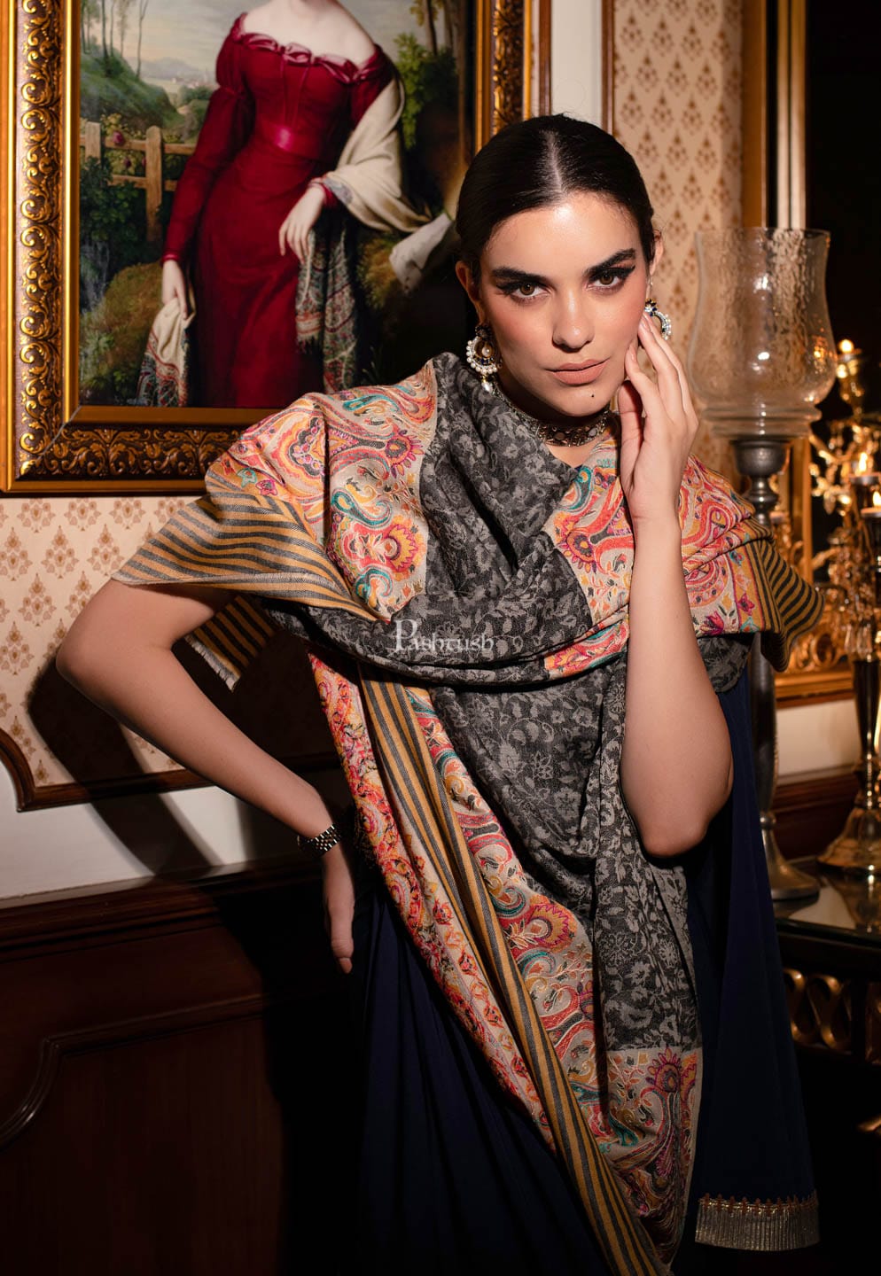 Pashtush India Womens Shawls Pashtush womens Extra Fine Wool shawl, With Embroidered Ethnic Palla design, Black