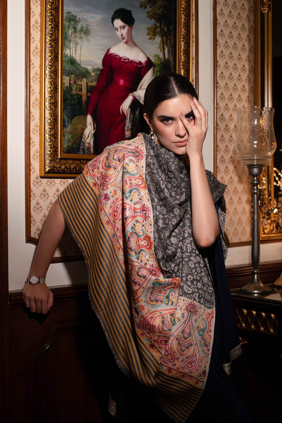 Pashtush India Womens Shawls Pashtush womens Extra Fine Wool shawl, With Embroidered Ethnic Palla design, Black