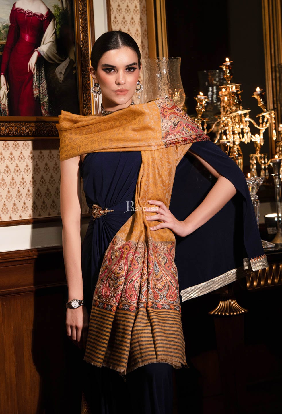Pashtush India Womens Shawls Pashtush womens Extra Fine Wool shawl, With Embroidered Ethnic Palla design, Mustard
