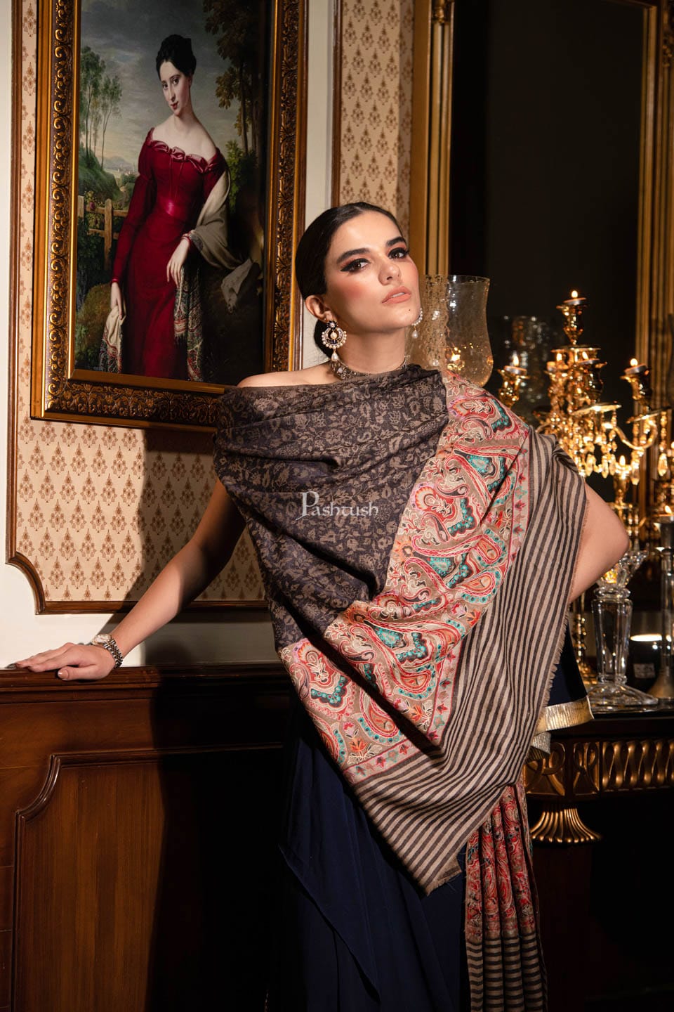 Pashtush India Womens Shawls Pashtush womens Extra Fine Wool shawl, With Embroidered Ethnic Palla design, Navy Blue