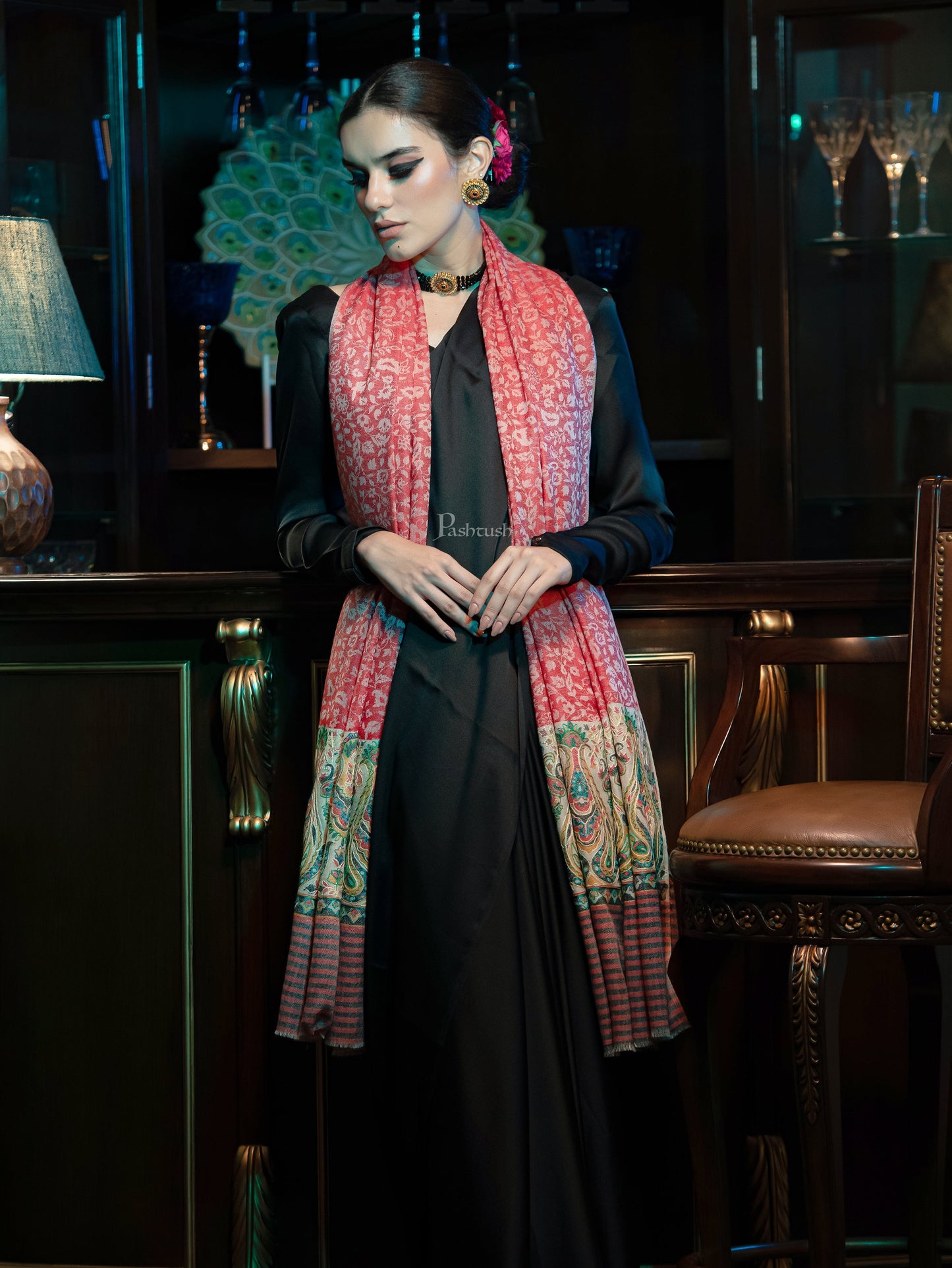 Pashtush India Womens Shawls Pashtush womens Extra Fine Wool shawl, With Embroidered Ethnic Palla design, Red