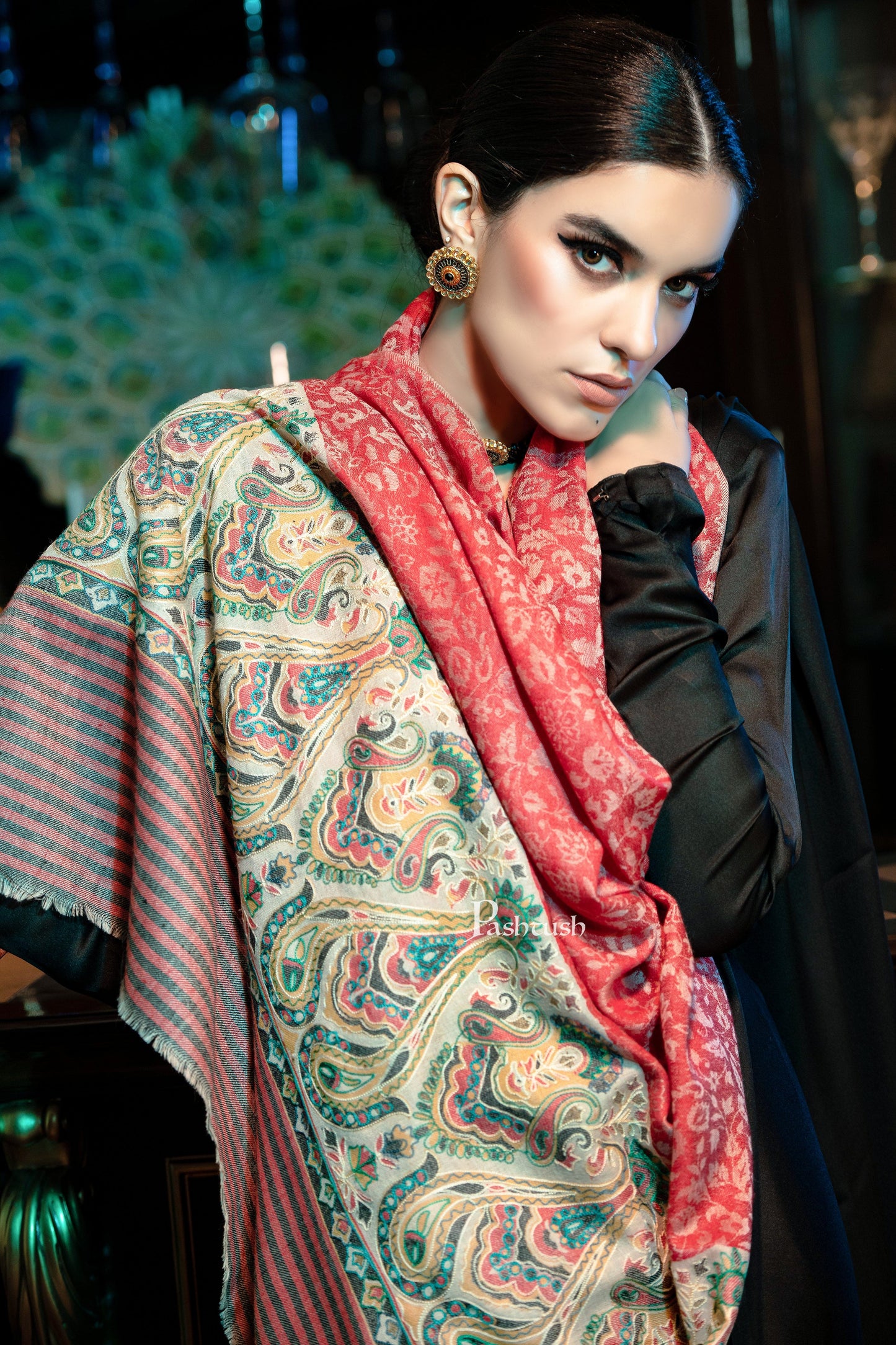 Pashtush India Womens Shawls Pashtush womens Extra Fine Wool shawl, With Embroidered Ethnic Palla design, Red