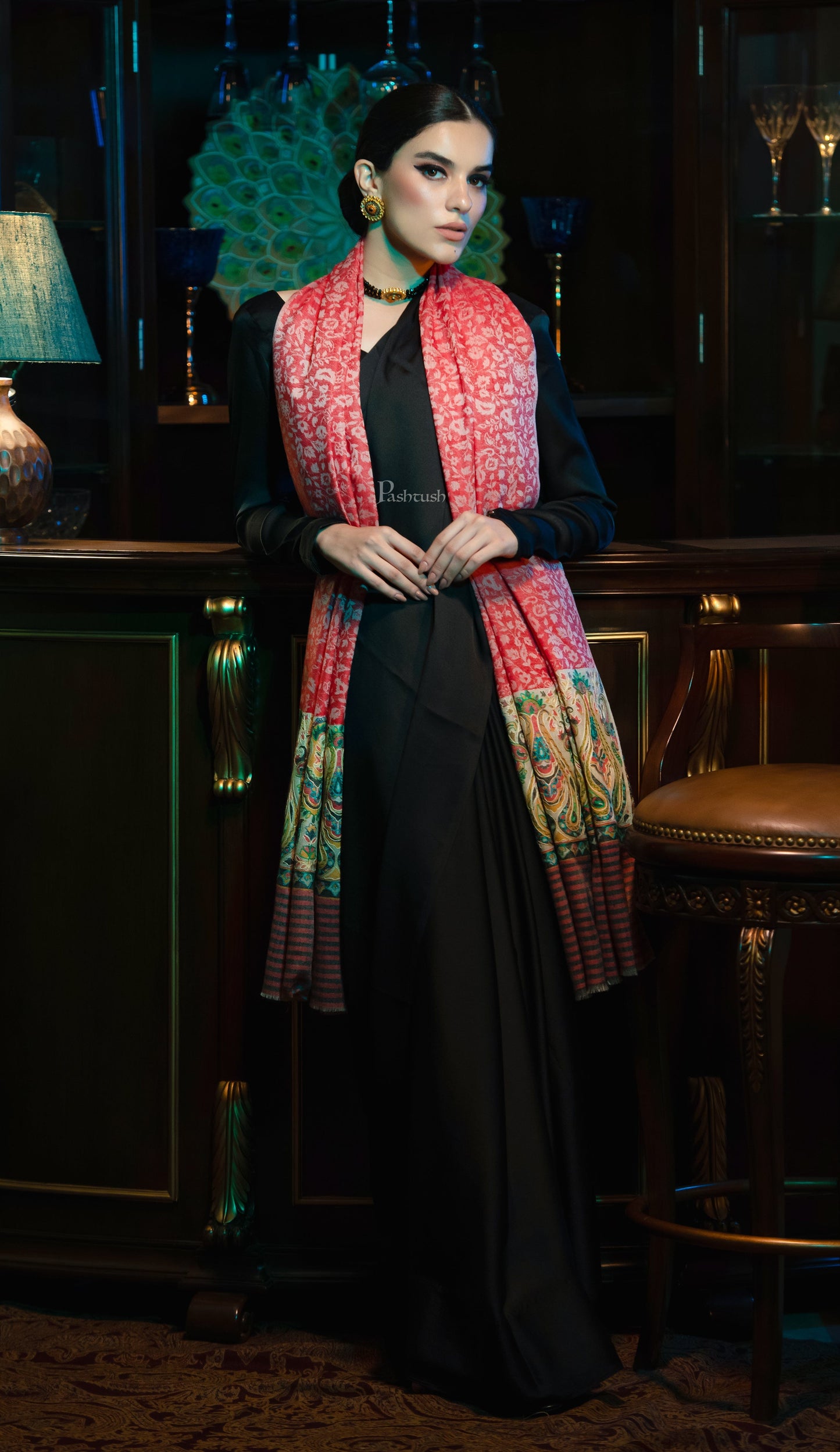 Pashtush India Womens Shawls Pashtush womens Extra Fine Wool shawl, With Embroidered Ethnic Palla design, Red
