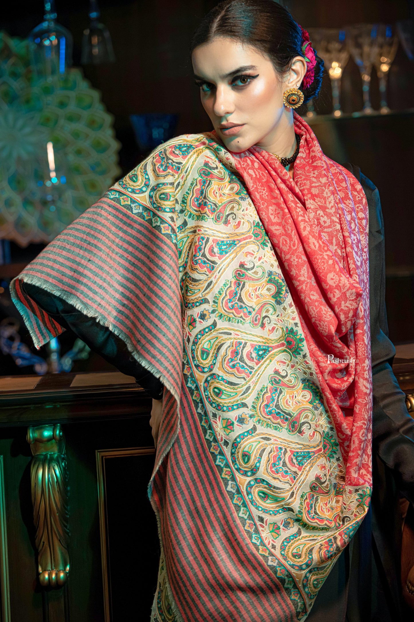 Pashtush India Womens Shawls Pashtush womens Extra Fine Wool shawl, With Embroidered Ethnic Palla design, Red