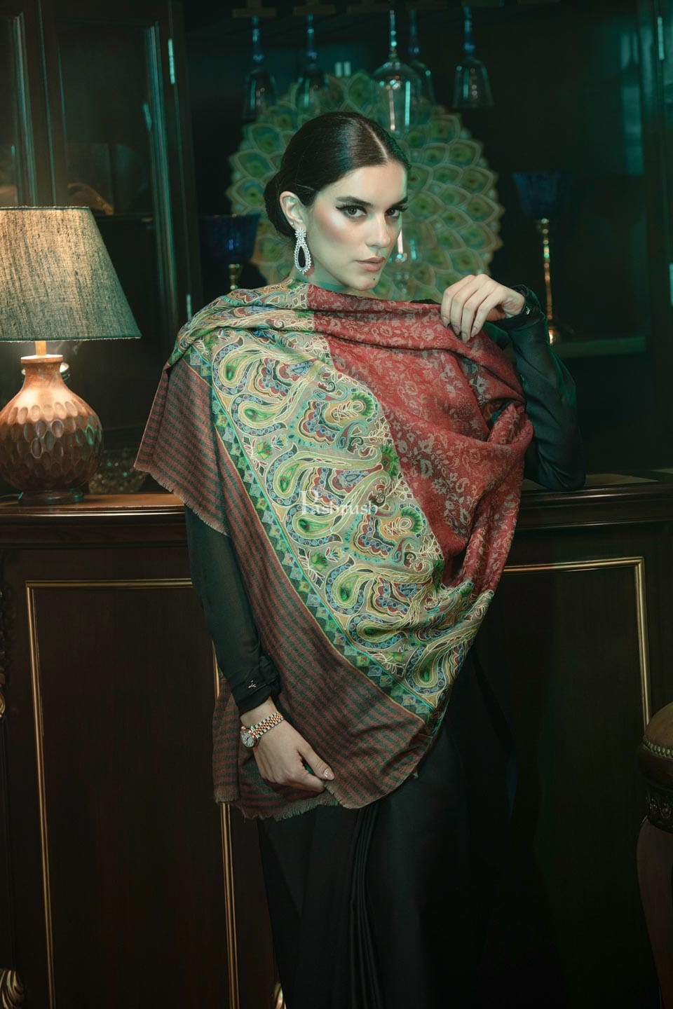 Pashtush India Womens Shawls Pashtush womens Extra Fine Wool shawl, With Embroidered Ethnic Palla design, Soft and Warm, Multicolour