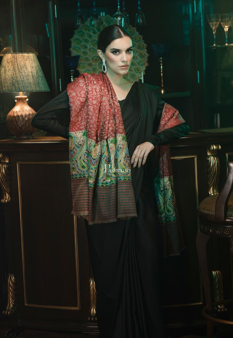 Pashtush India Womens Shawls Pashtush womens Extra Fine Wool shawl, With Embroidered Ethnic Palla design, Soft and Warm, Multicolour