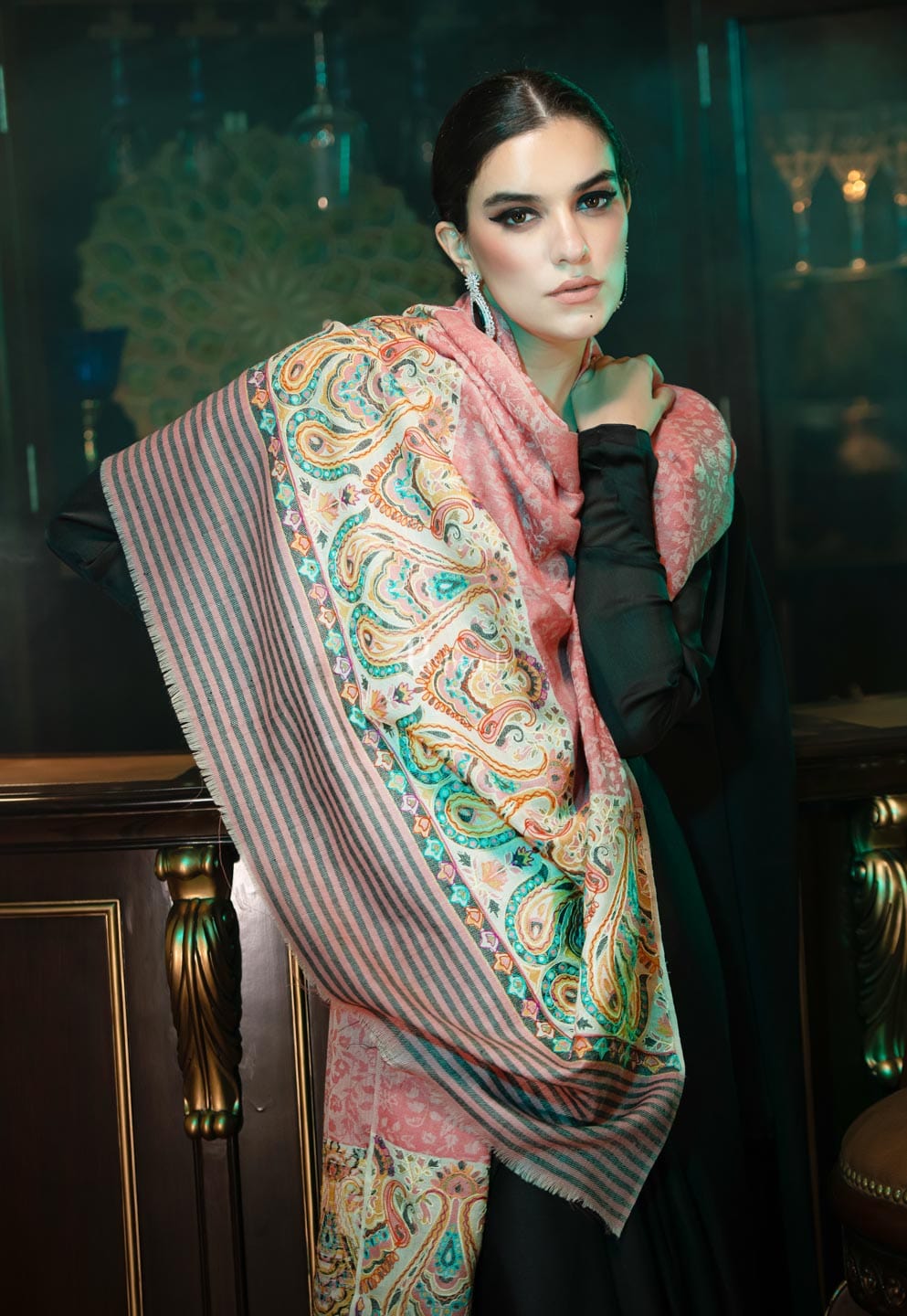 Pashtush India Womens Shawls Pashtush womens Extra Fine Wool shawl, With Embroidered Ethnic Palla design, Soft and Warm, Multicolour