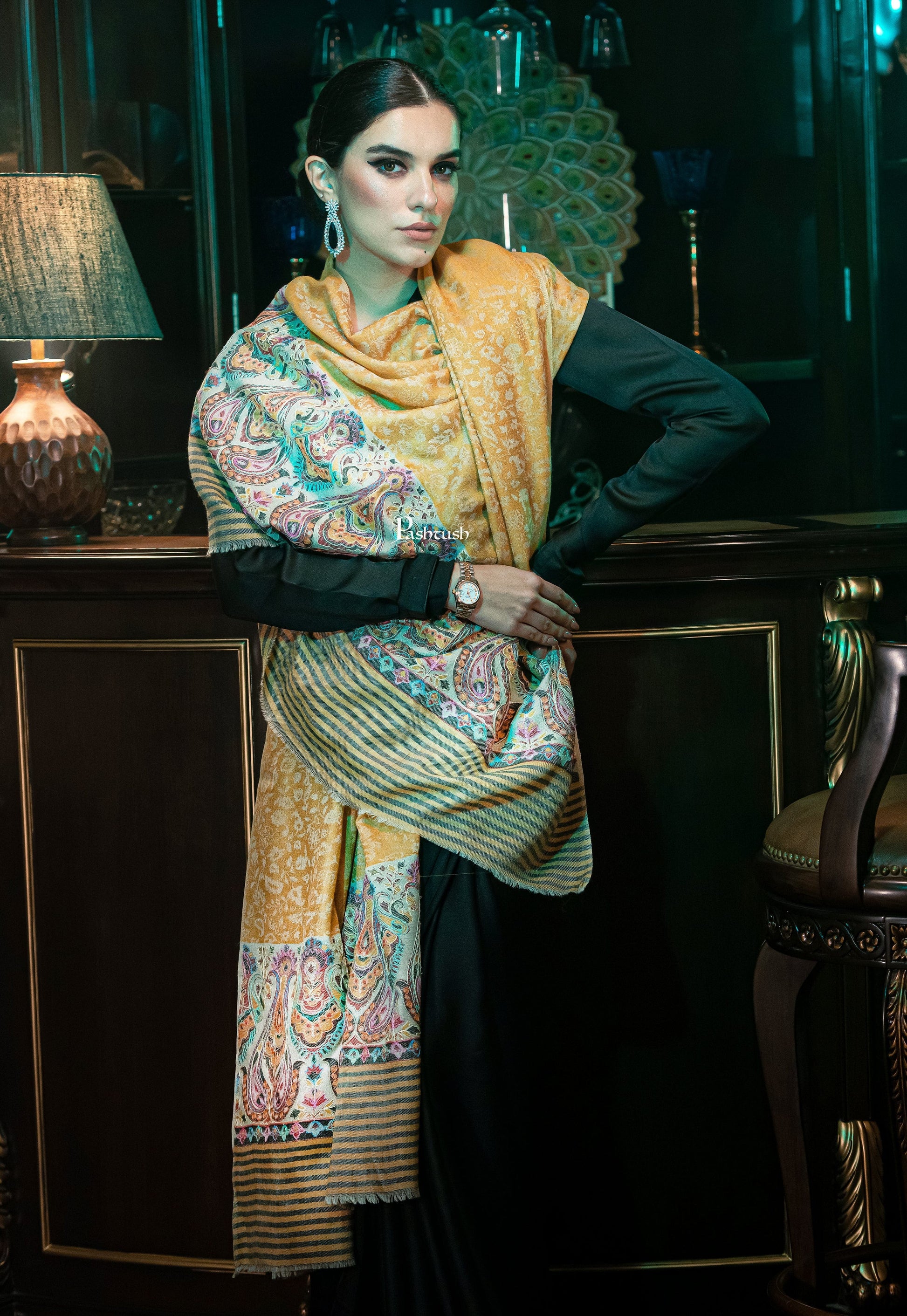 Pashtush India Womens Shawls Pashtush womens Extra Fine Wool shawl, With Embroidered Ethnic Palla design, Yellow