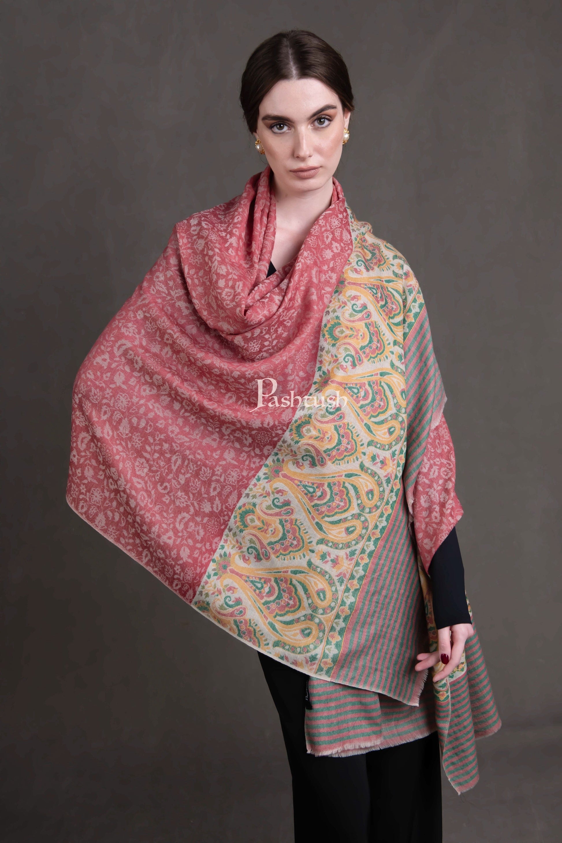 Pashtush India Womens Shawls Pashtush Womens Extra Fine Wool Shawl, Woven Ethnic Palla Design, Rose