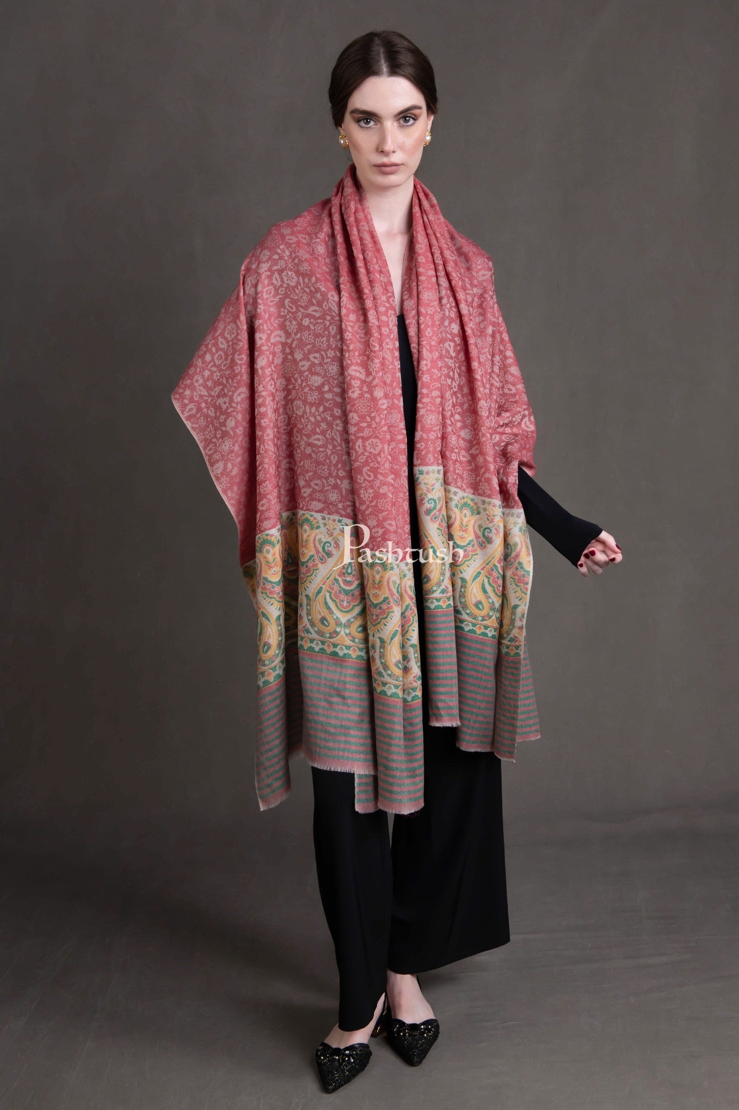 Pashtush India Womens Shawls Pashtush Womens Extra Fine Wool Shawl, Woven Ethnic Palla Design, Rose