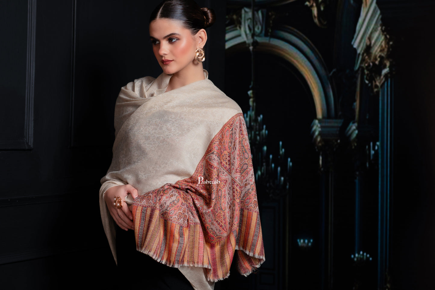 Pashtush India Womens Shawls Pashtush Womens Extra Fine Wool Shawl, Woven Palla, Aztec Design, Beige