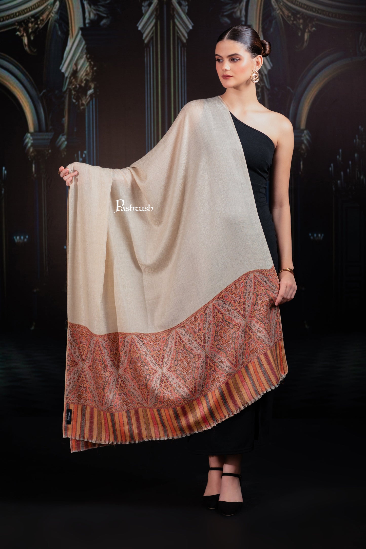 Pashtush India Womens Shawls Pashtush Womens Extra Fine Wool Shawl, Woven Palla, Aztec Design, Beige