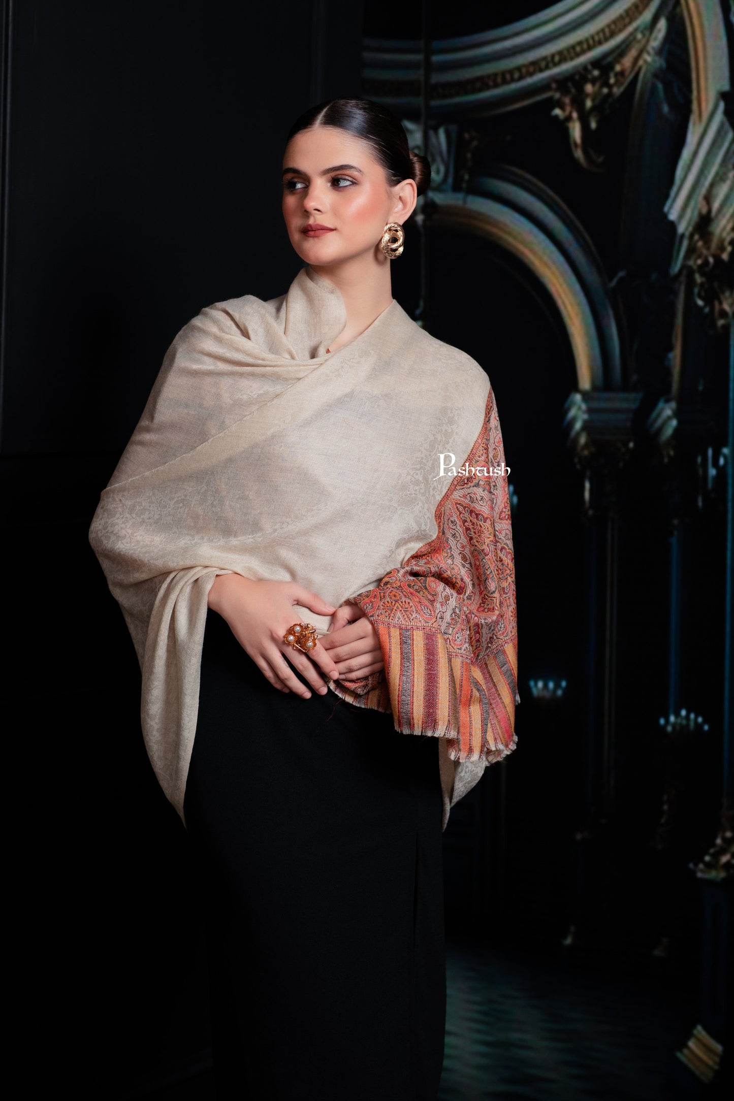 Pashtush India Womens Shawls Pashtush Womens Extra Fine Wool Shawl, Woven Palla, Aztec Design, Beige