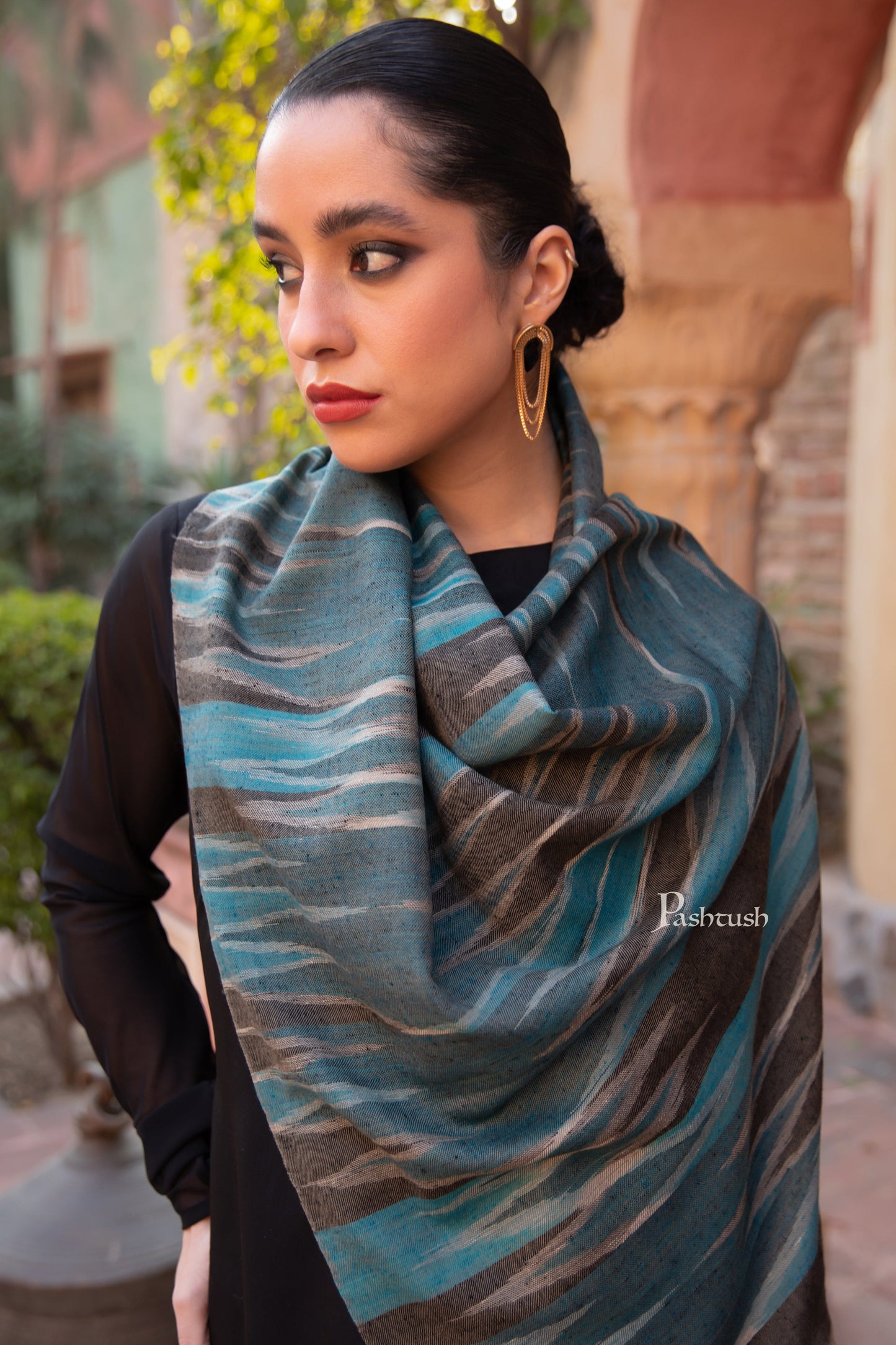 Pashtush India Womens Stoles and Scarves Scarf Pashtush Womens Extra Fine Wool Silk Stole, Ikkat Design, Blue