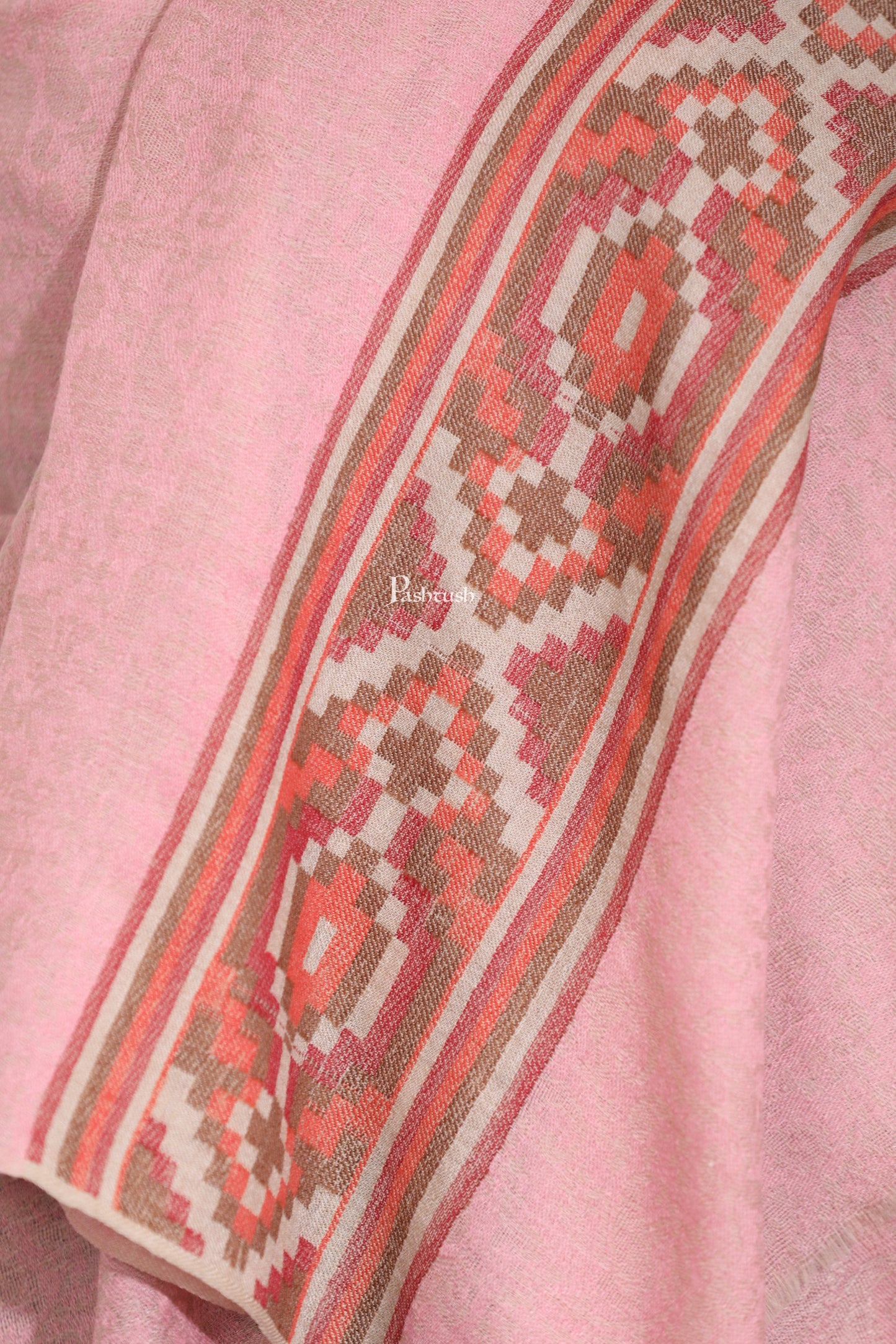 Pashtush India Womens Stoles Pashtush Womens Extra Fine Wool Stole, Aztec Weave Design, Beige and Pink