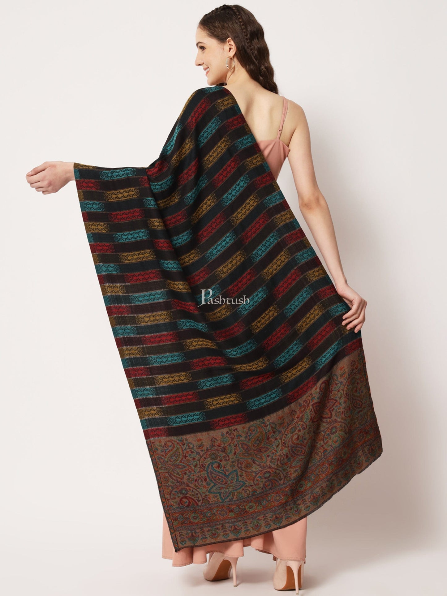 Pashtush India Womens Stoles and Scarves Scarf Pashtush Womens Extra Fine Wool Stole, Aztec Weave With Zari Design, Multicolour