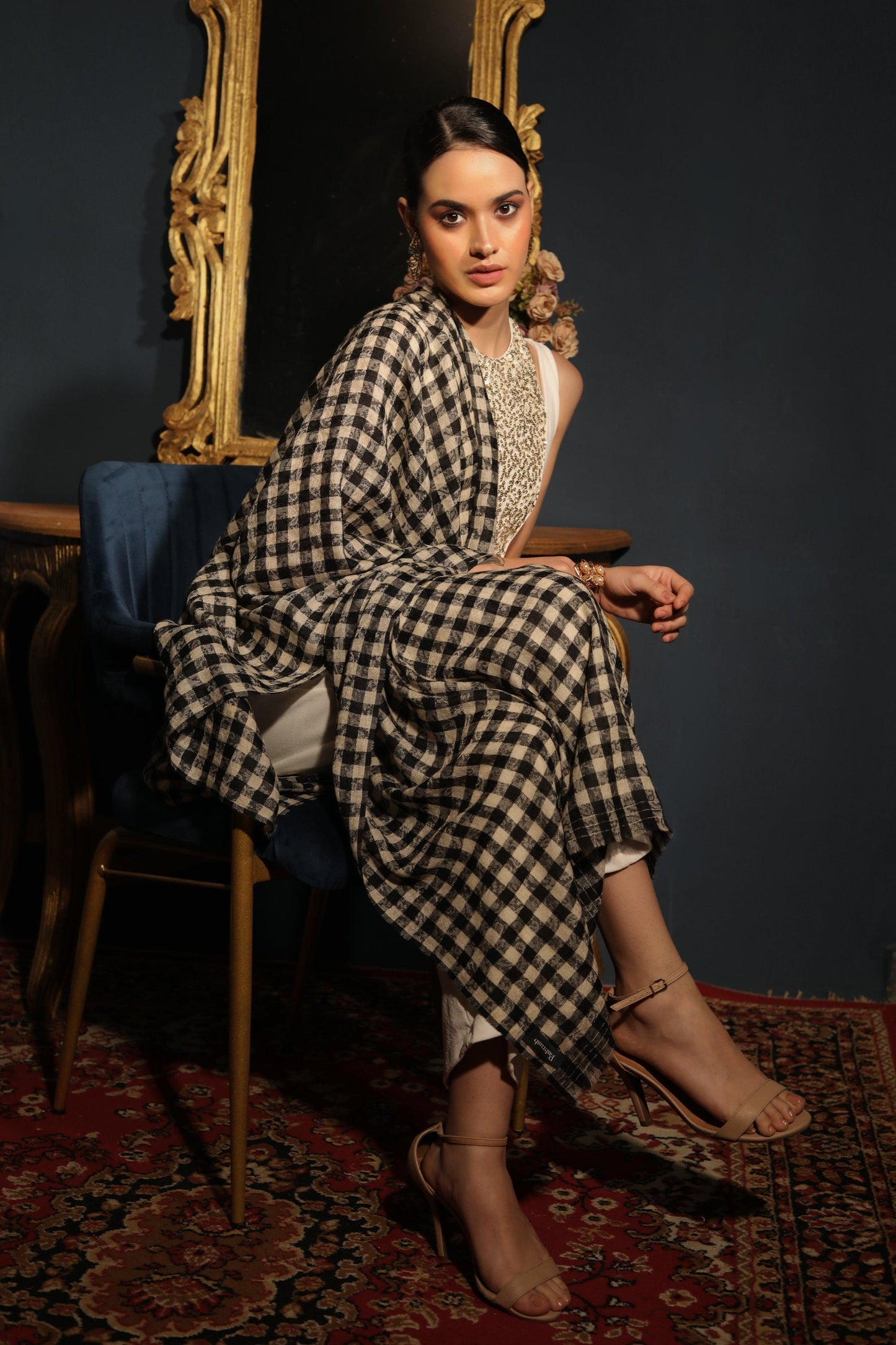 Pashtush India Womens Stoles and Scarves Scarf Pashtush womens Extra Fine Wool stole, check stripe design, Black And Beige