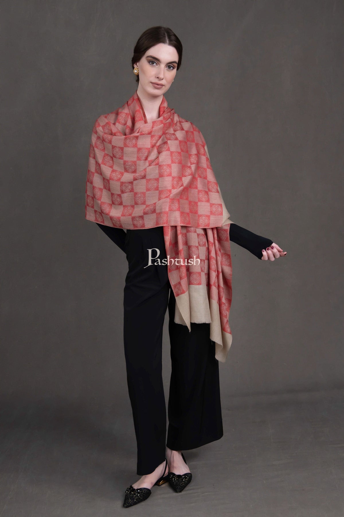 Pashtush India Womens Stoles and Scarves Scarf Pashtush Womens Extra Fine Wool Stole, Checkered Design, Beige And Red
