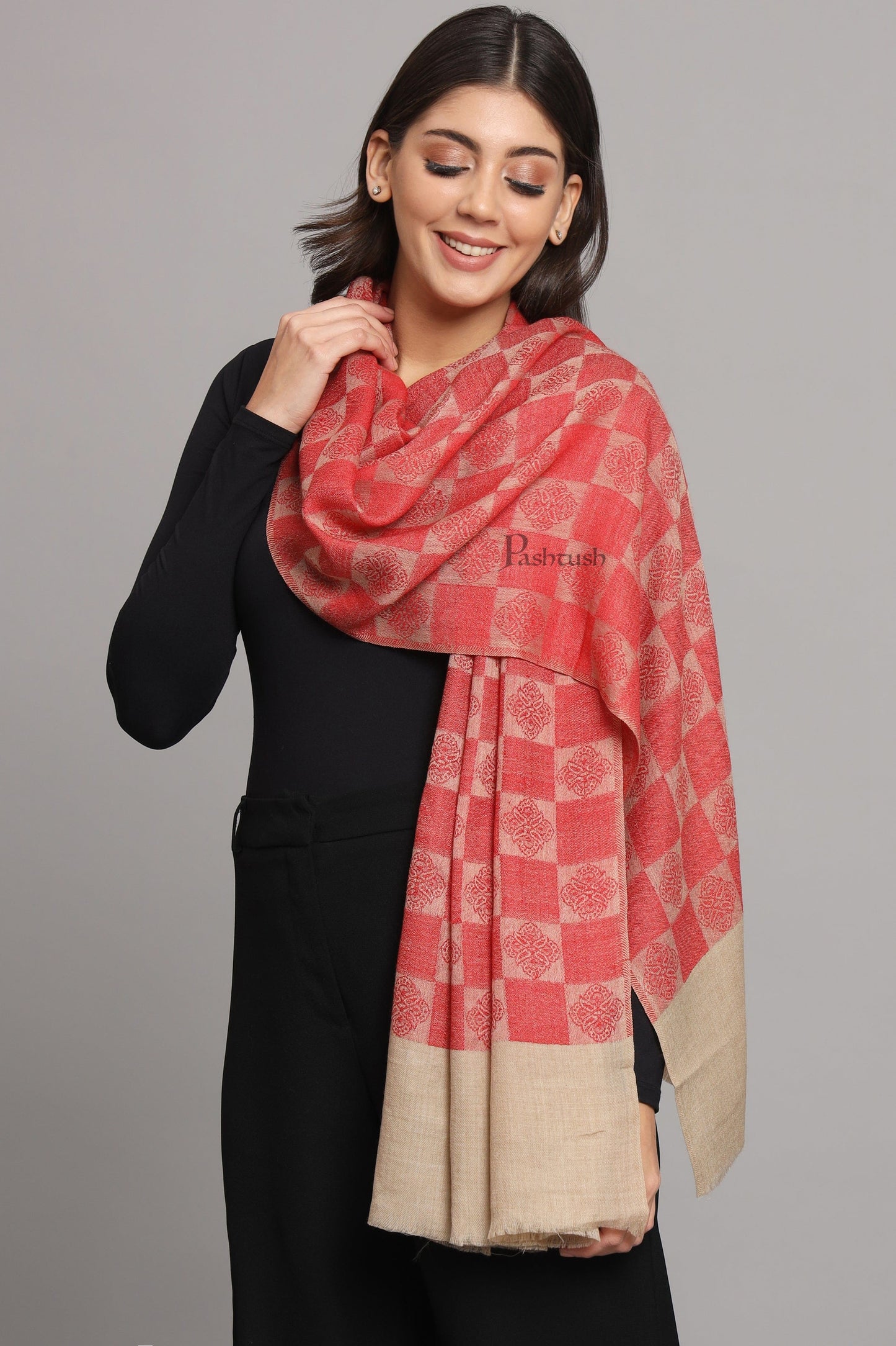 Pashtush India Womens Stoles and Scarves Scarf Pashtush Womens Extra Fine Wool Stole, Checkered Design, Beige And Red