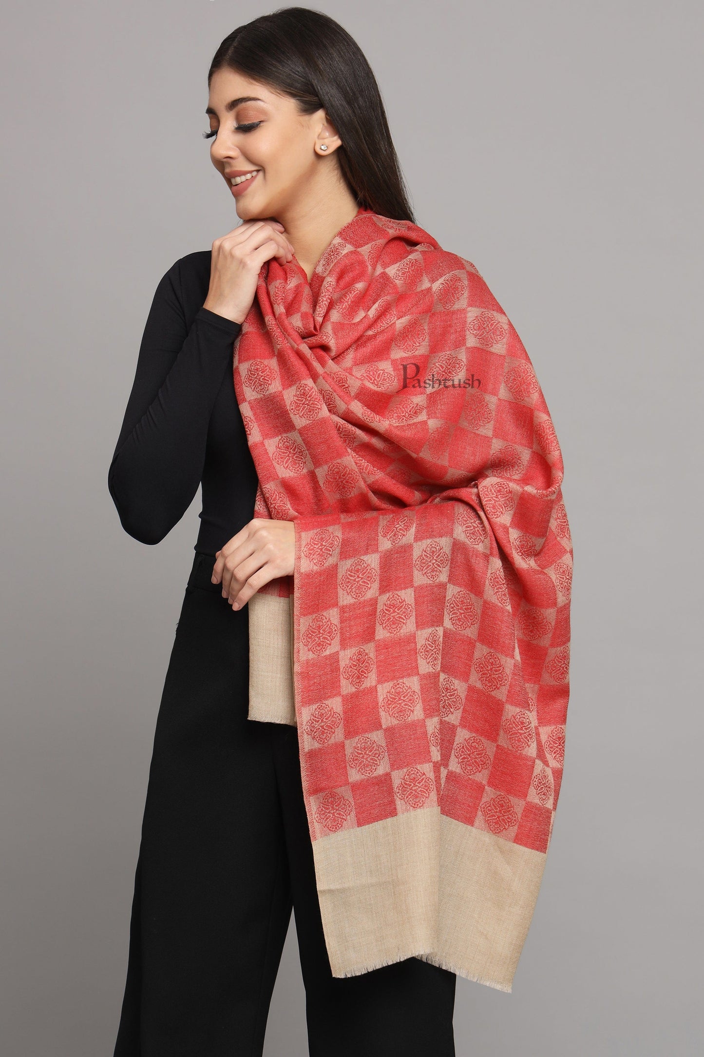 Pashtush India Womens Stoles and Scarves Scarf Pashtush Womens Extra Fine Wool Stole, Checkered Design, Beige And Red