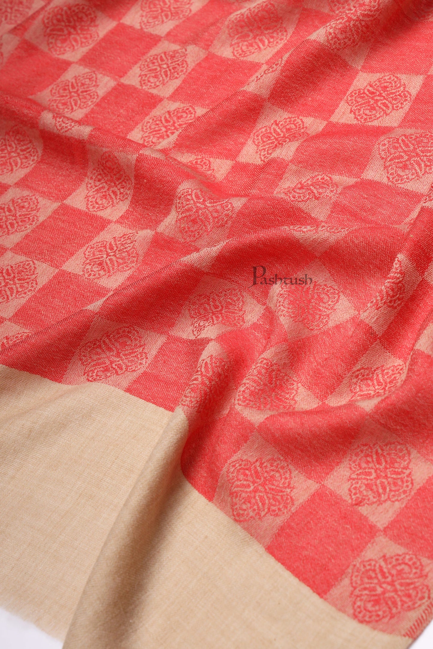 Pashtush India Womens Stoles and Scarves Scarf Pashtush Womens Extra Fine Wool Stole, Checkered Design, Beige And Red
