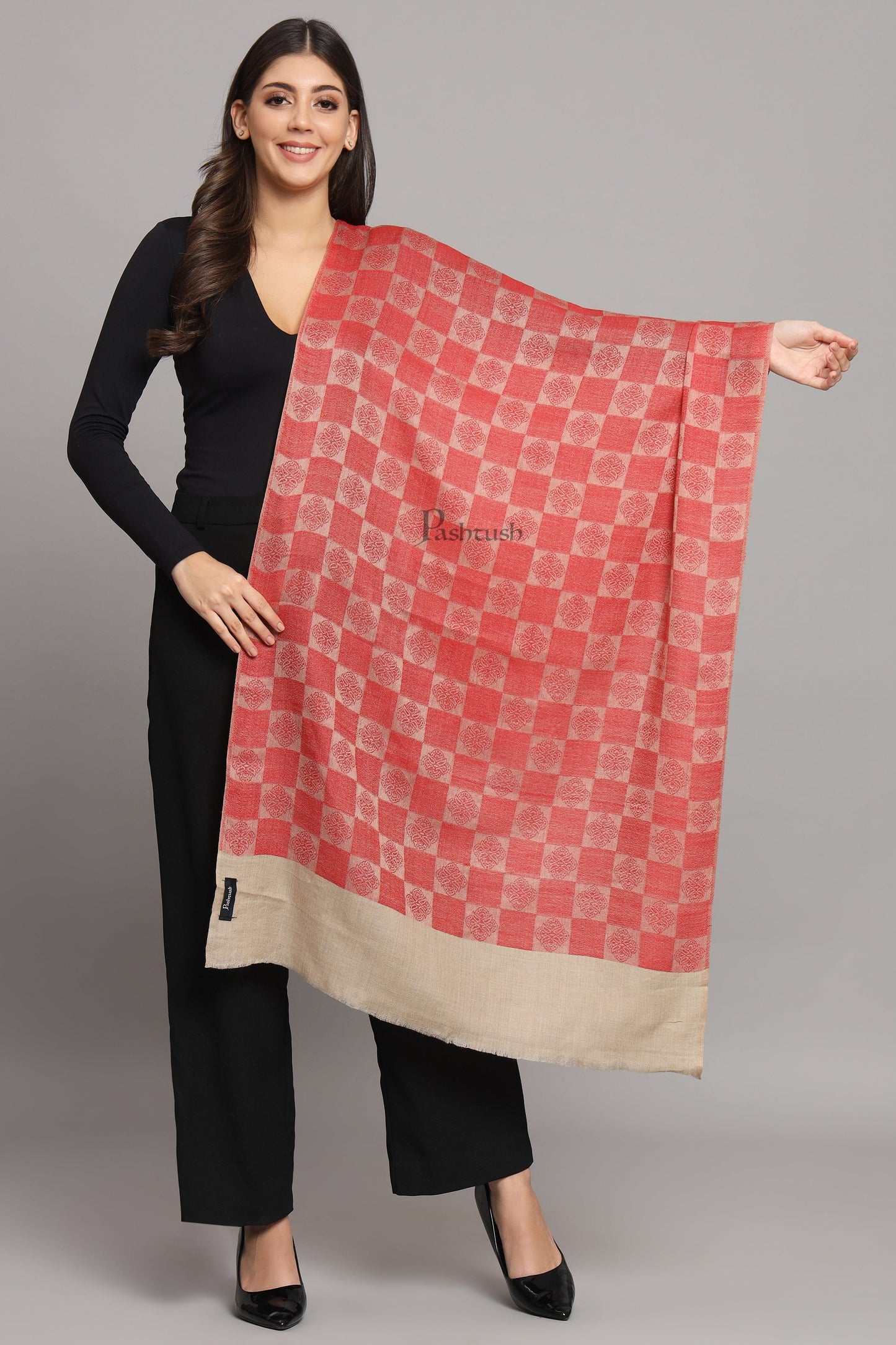 Pashtush India Womens Stoles and Scarves Scarf Pashtush Womens Extra Fine Wool Stole, Checkered Design, Beige And Red