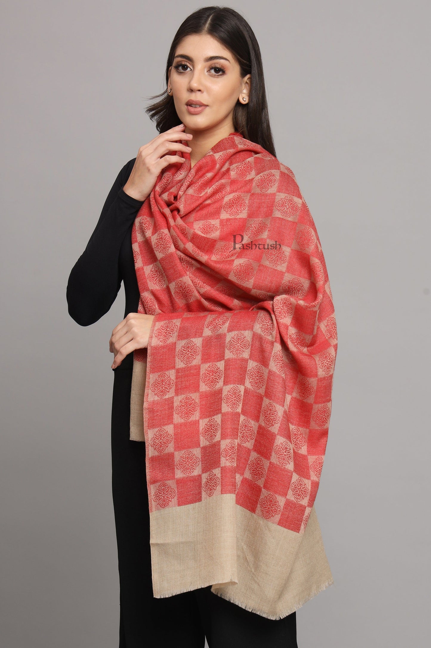 Pashtush India Womens Stoles and Scarves Scarf Pashtush Womens Extra Fine Wool Stole, Checkered Design, Beige And Red