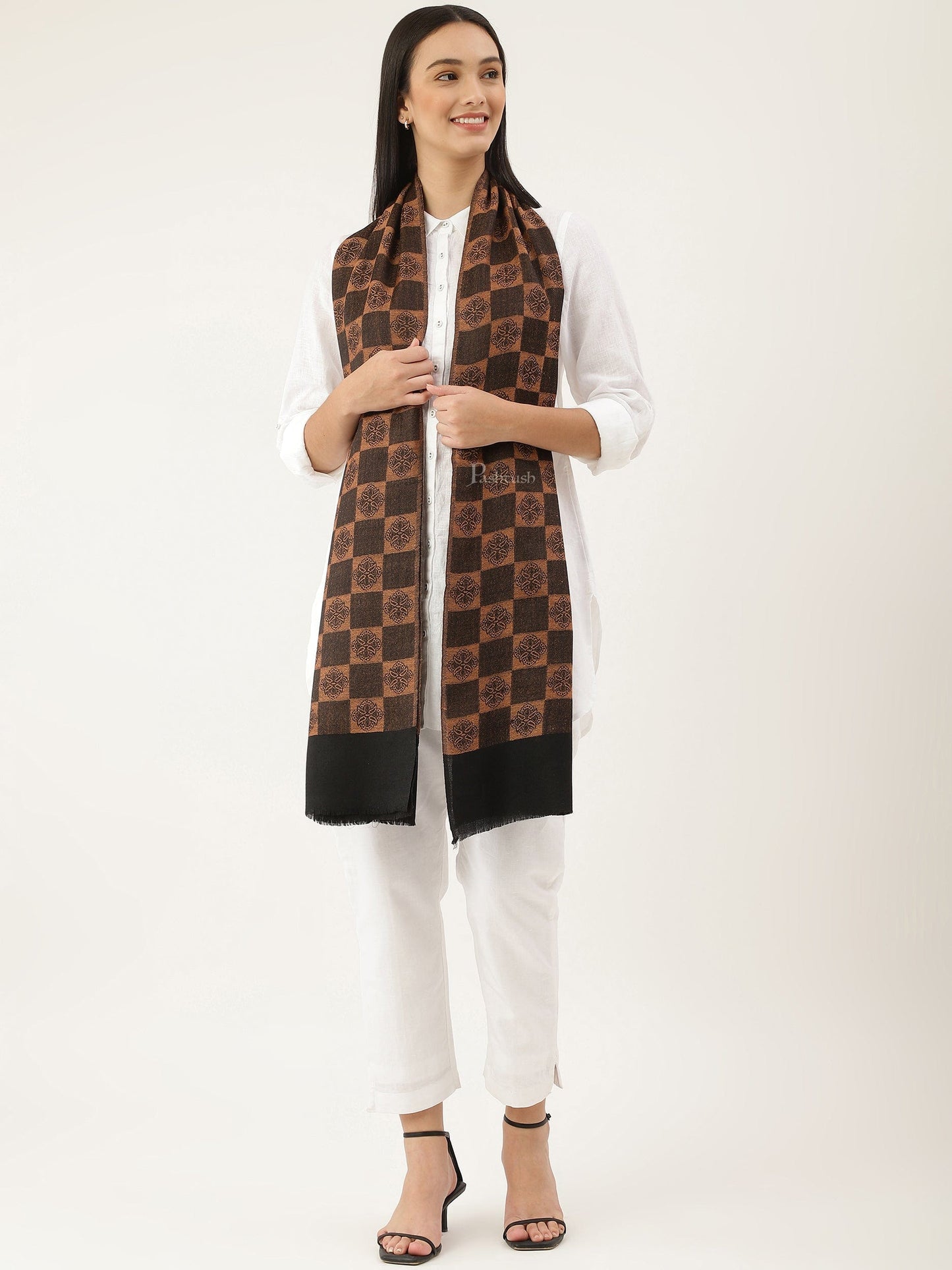 Pashtush India Womens Stoles and Scarves Scarf Pashtush womens Extra Fine Wool Stole, checkered design, Black