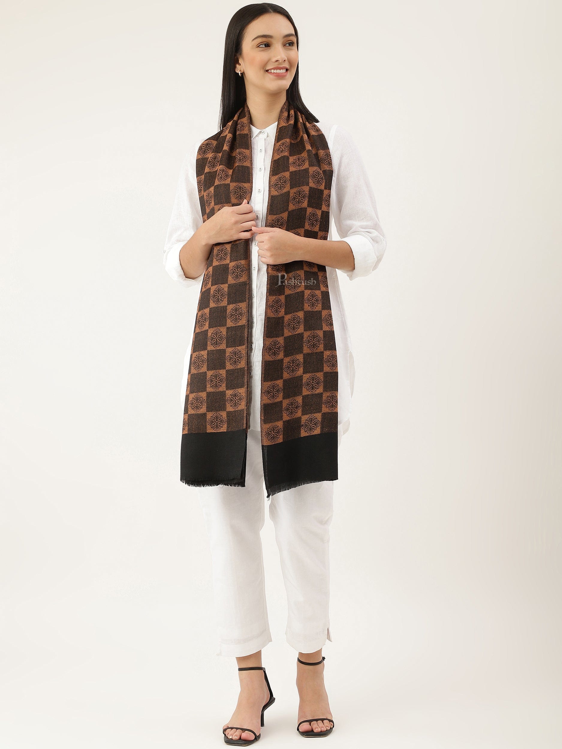 Pashtush India Womens Stoles and Scarves Scarf Pashtush womens Extra Fine Wool Stole, checkered design, Black