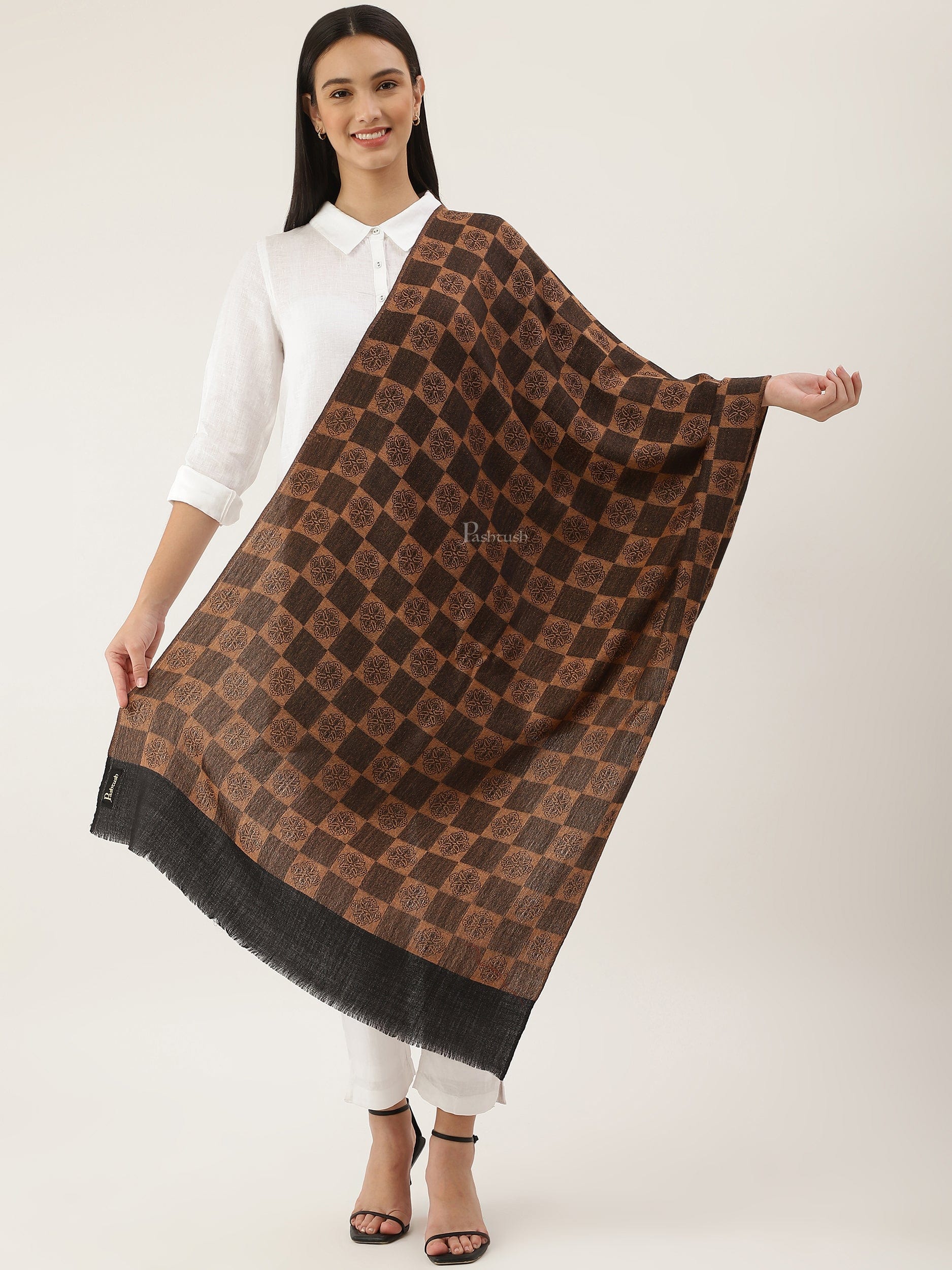 Pashtush India Womens Stoles and Scarves Scarf Pashtush womens Extra Fine Wool Stole, checkered design, Black