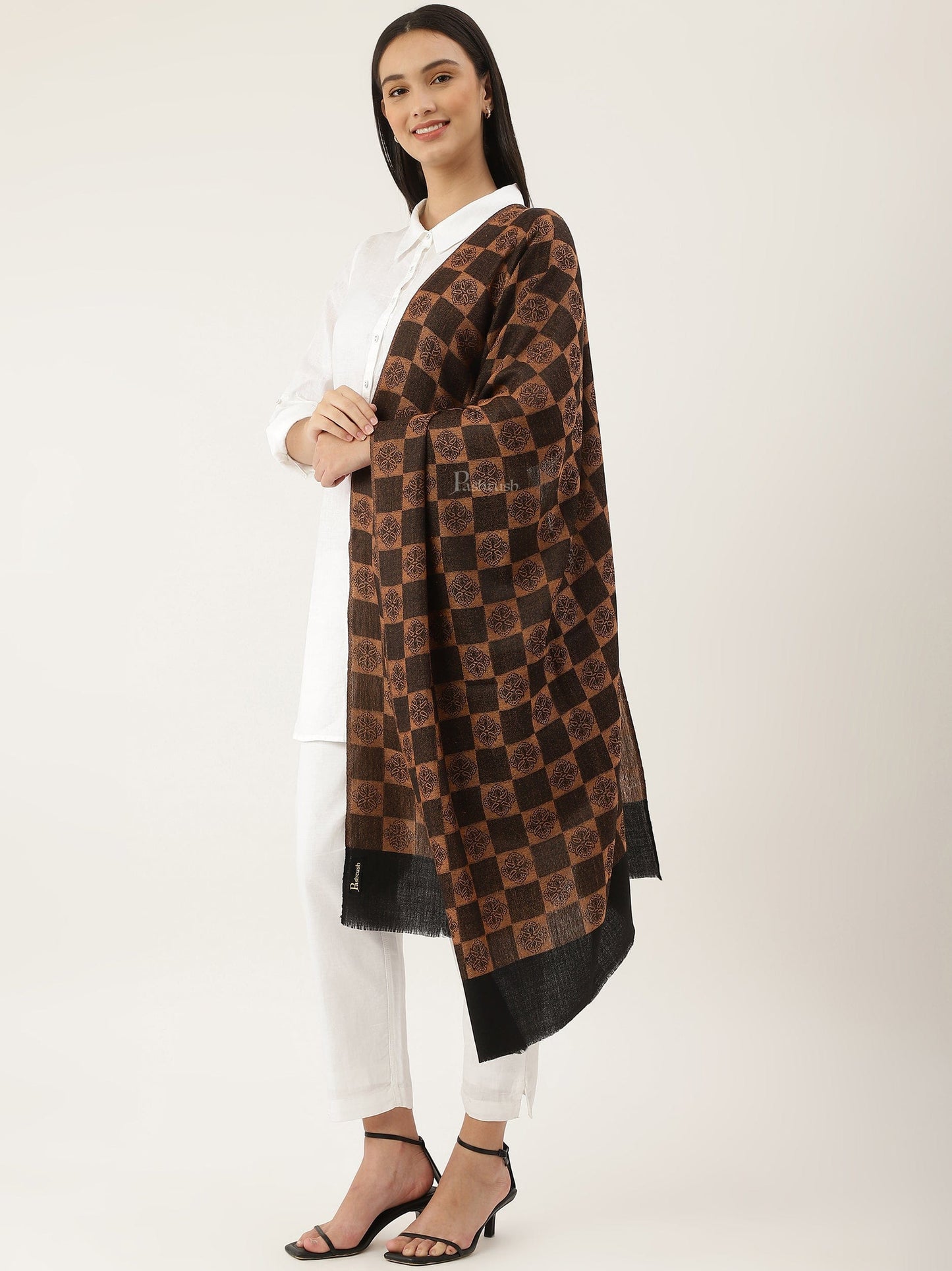 Pashtush India Womens Stoles and Scarves Scarf Pashtush womens Extra Fine Wool Stole, checkered design, Black