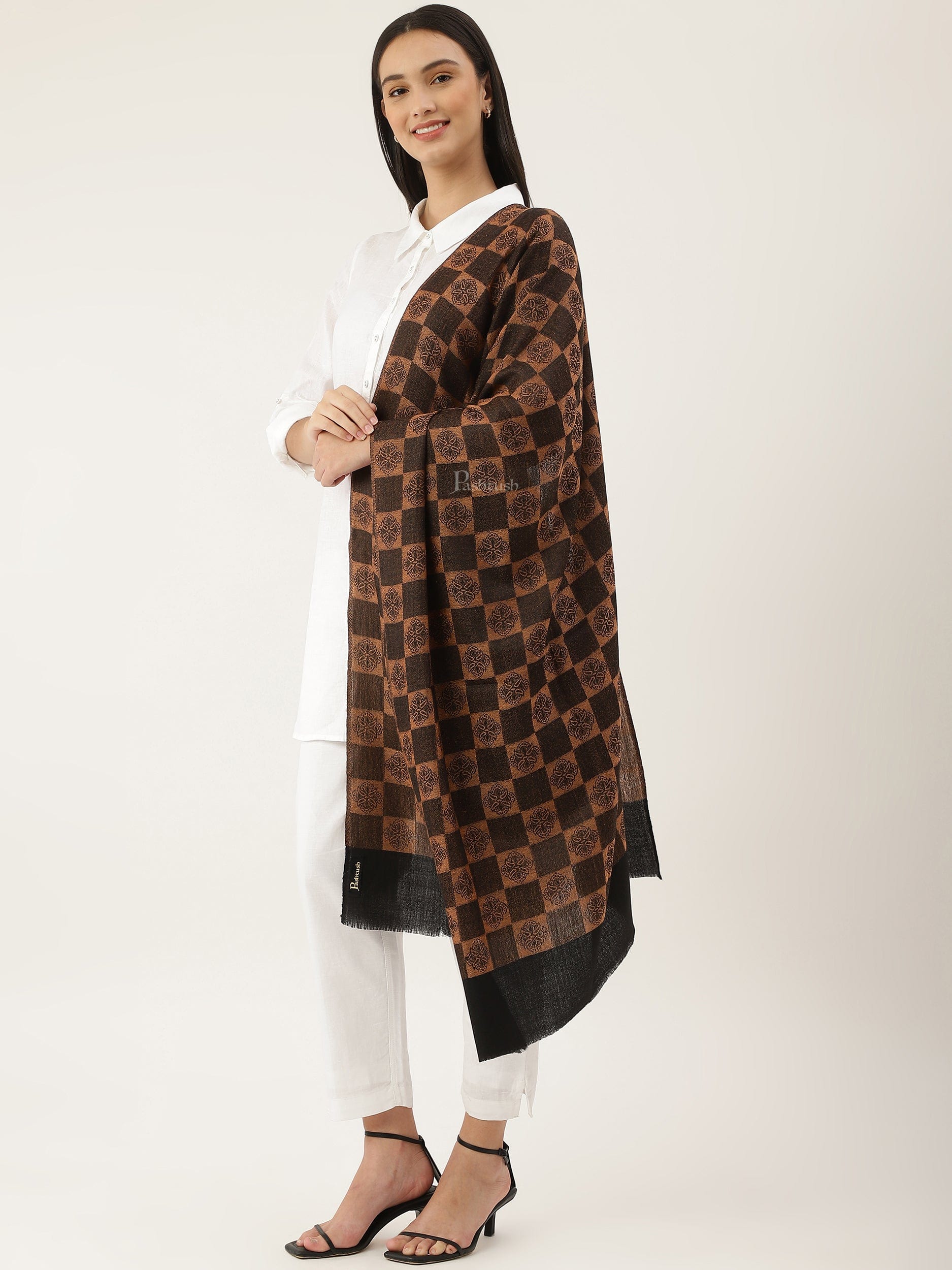 Pashtush India Womens Stoles and Scarves Scarf Pashtush womens Extra Fine Wool Stole, checkered design, Black