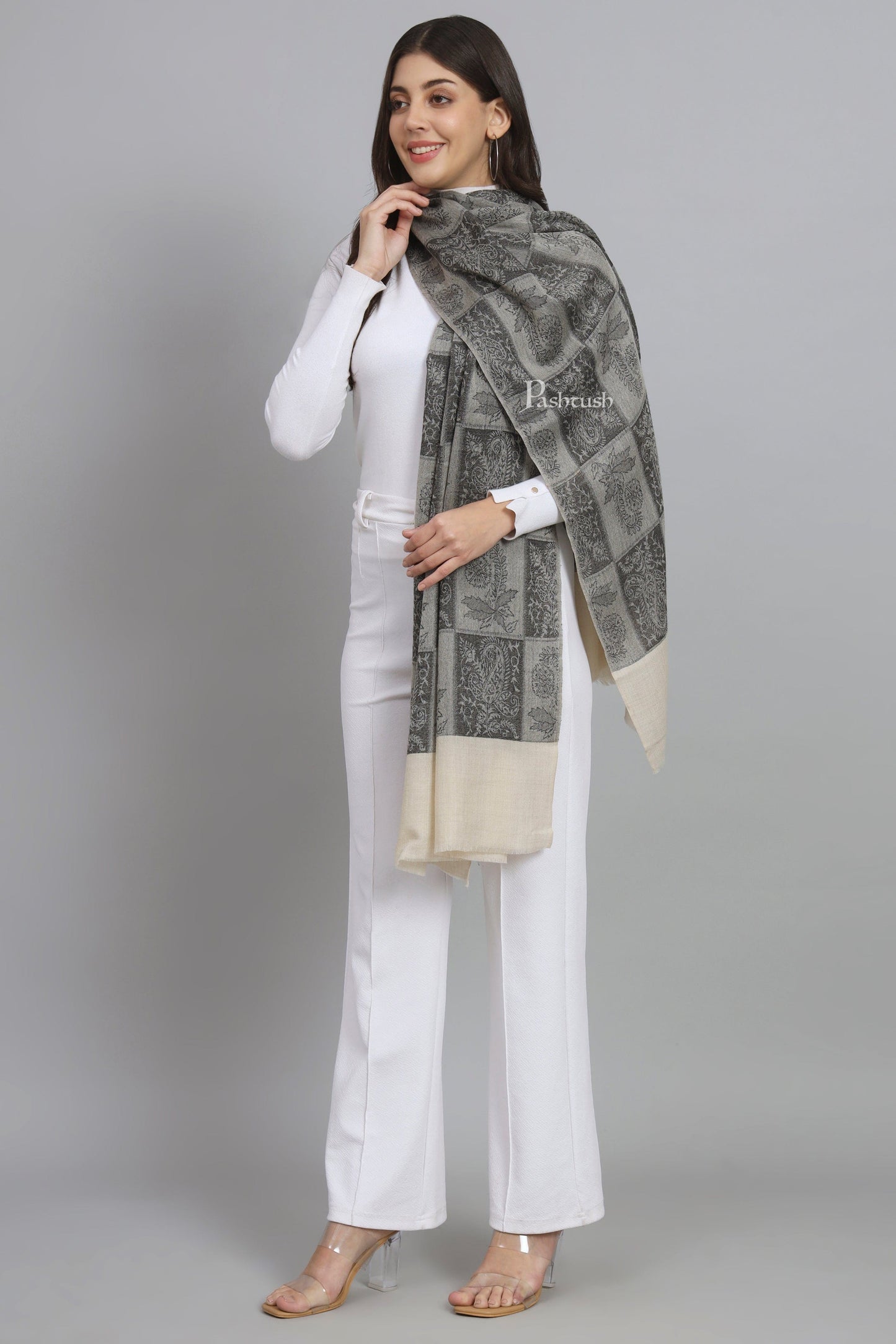 Pashtush India Womens Stoles and Scarves Scarf Pashtush Womens Extra Fine Wool Stole, Checkered Design, Black And Beige