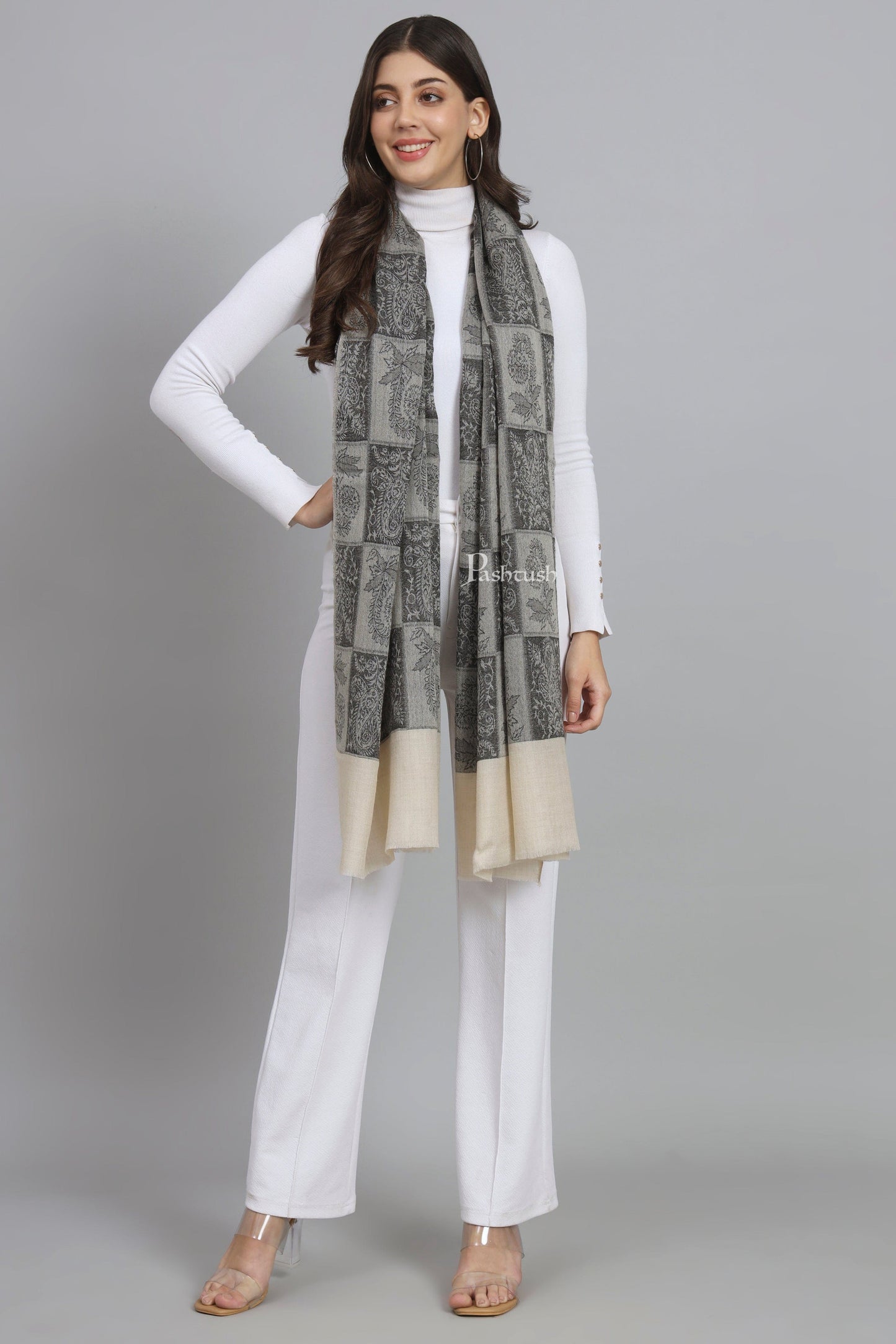 Pashtush India Womens Stoles and Scarves Scarf Pashtush Womens Extra Fine Wool Stole, Checkered Design, Black And Beige