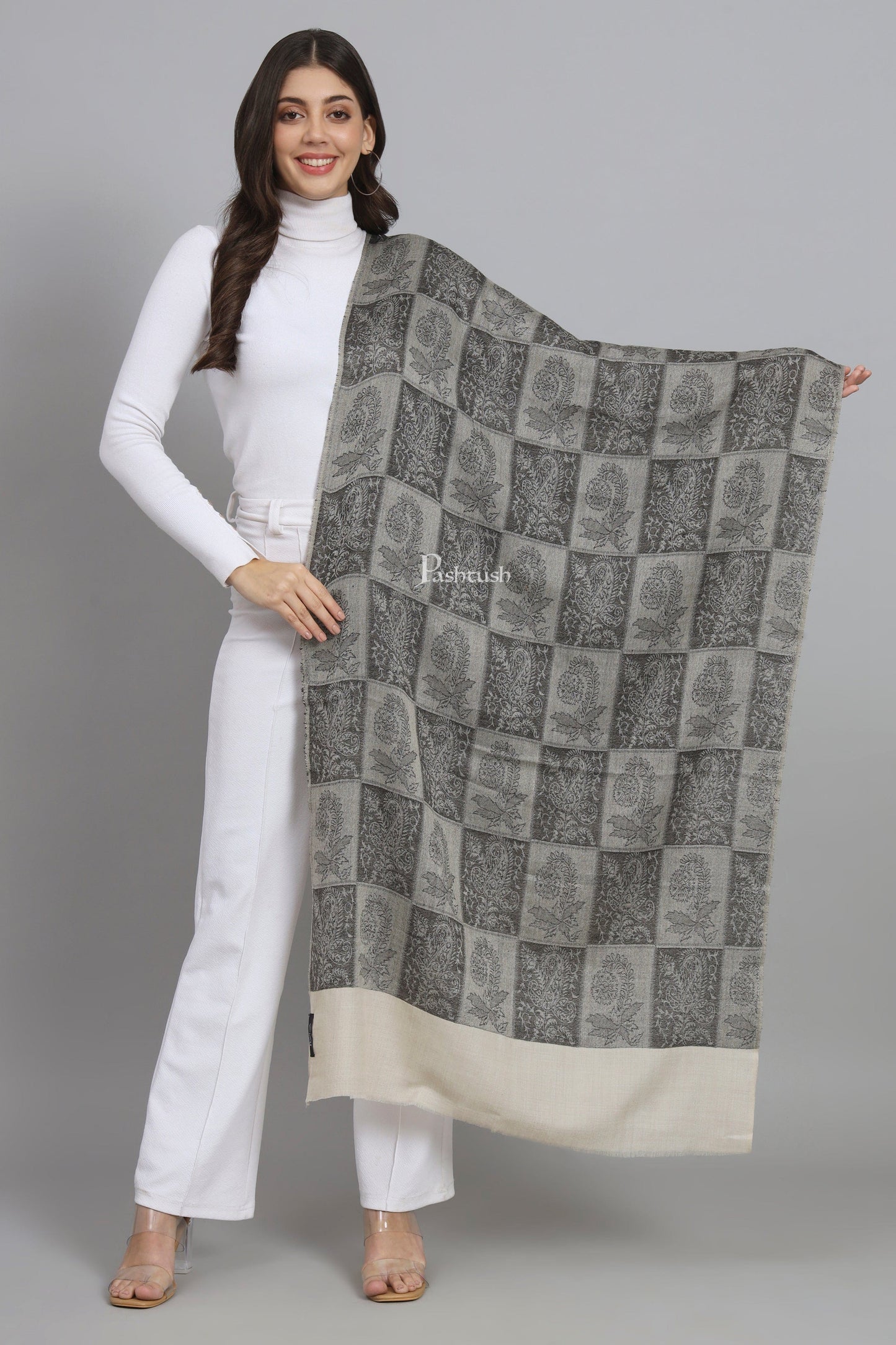 Pashtush India Womens Stoles and Scarves Scarf Pashtush Womens Extra Fine Wool Stole, Checkered Design, Black And Beige