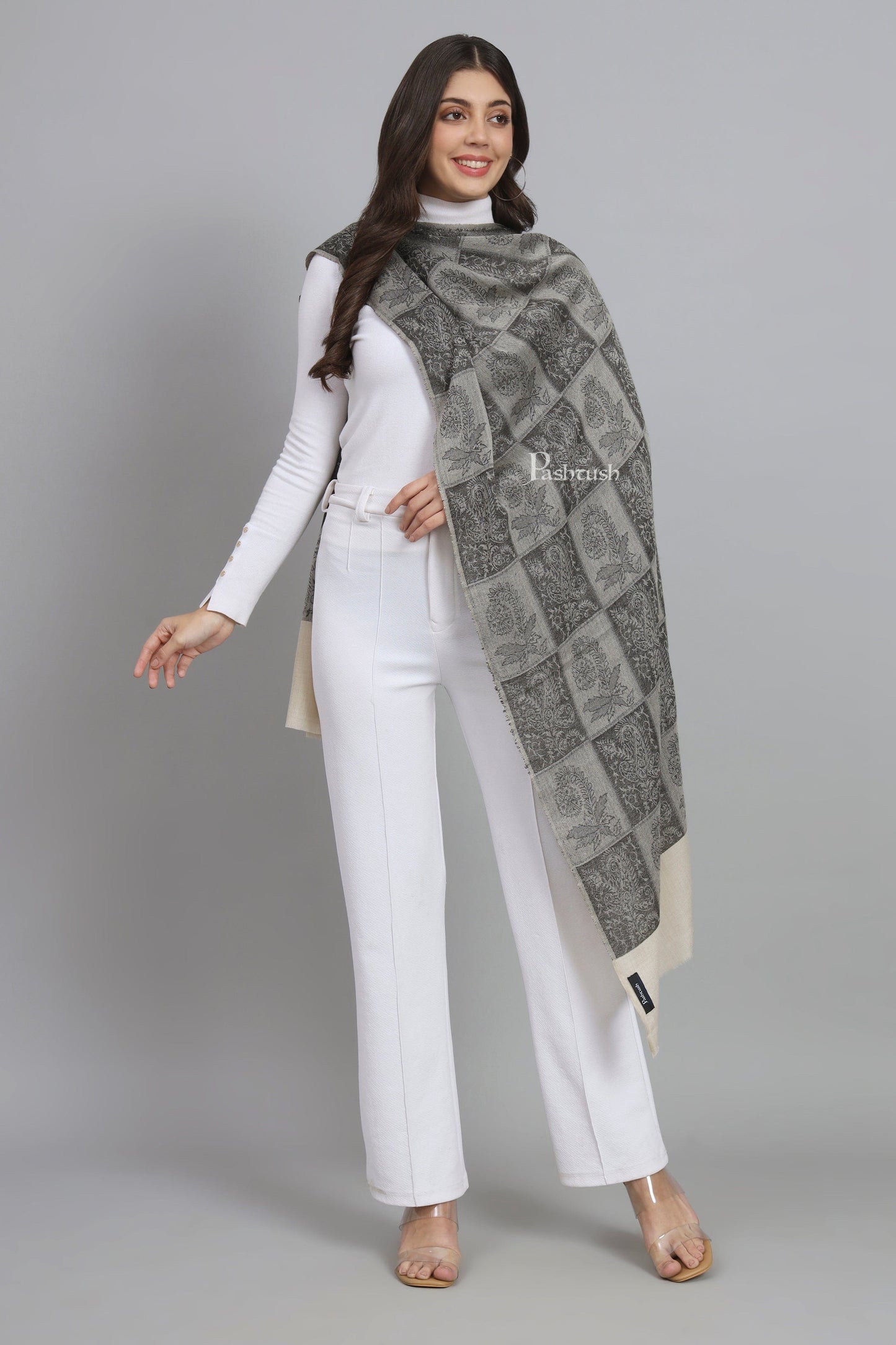 Pashtush India Womens Stoles and Scarves Scarf Pashtush Womens Extra Fine Wool Stole, Checkered Design, Black And Beige