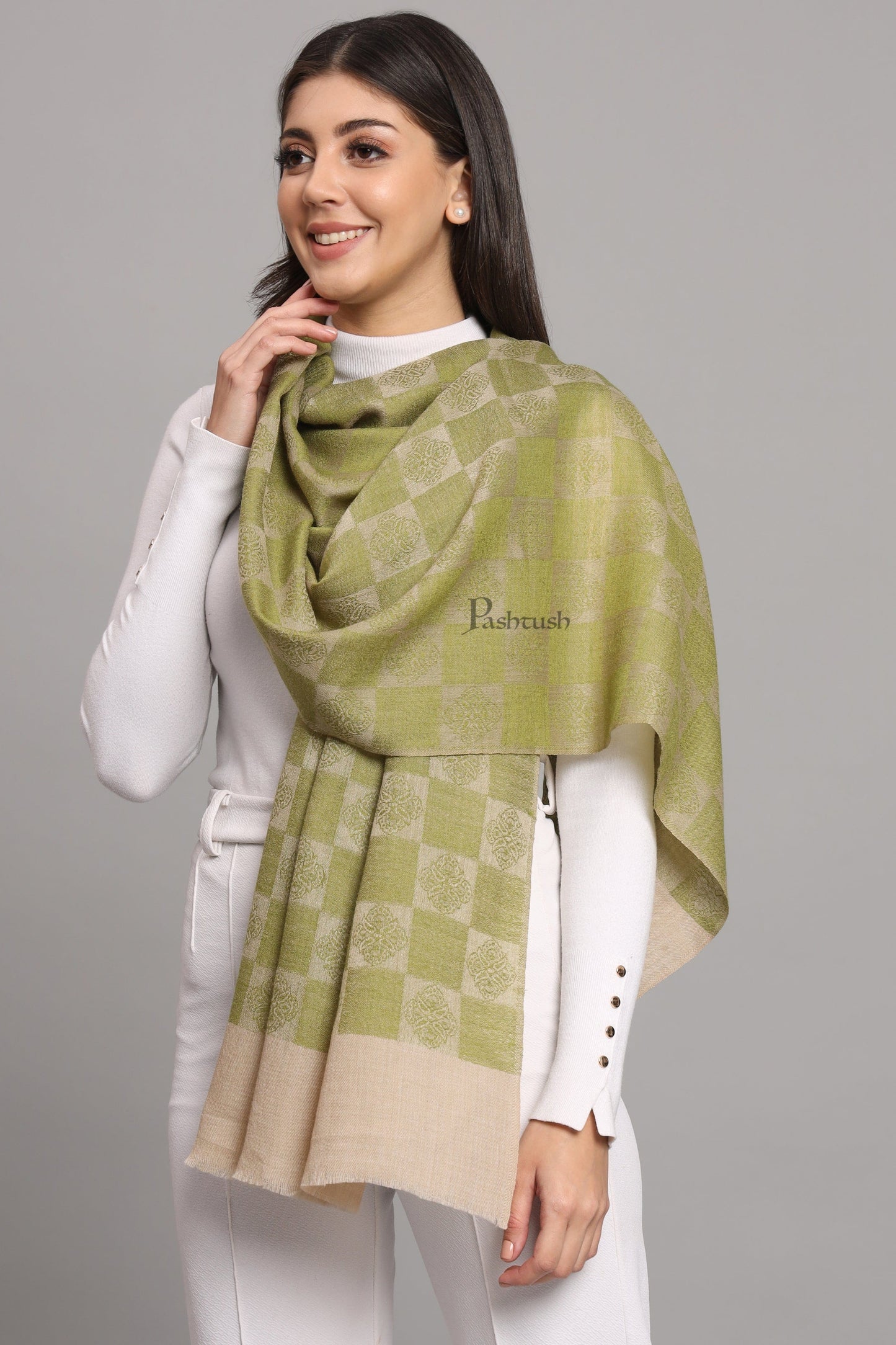 Pashtush India Womens Stoles and Scarves Scarf Pashtush Womens Extra Fine Wool Stole, Checkered Design, Green