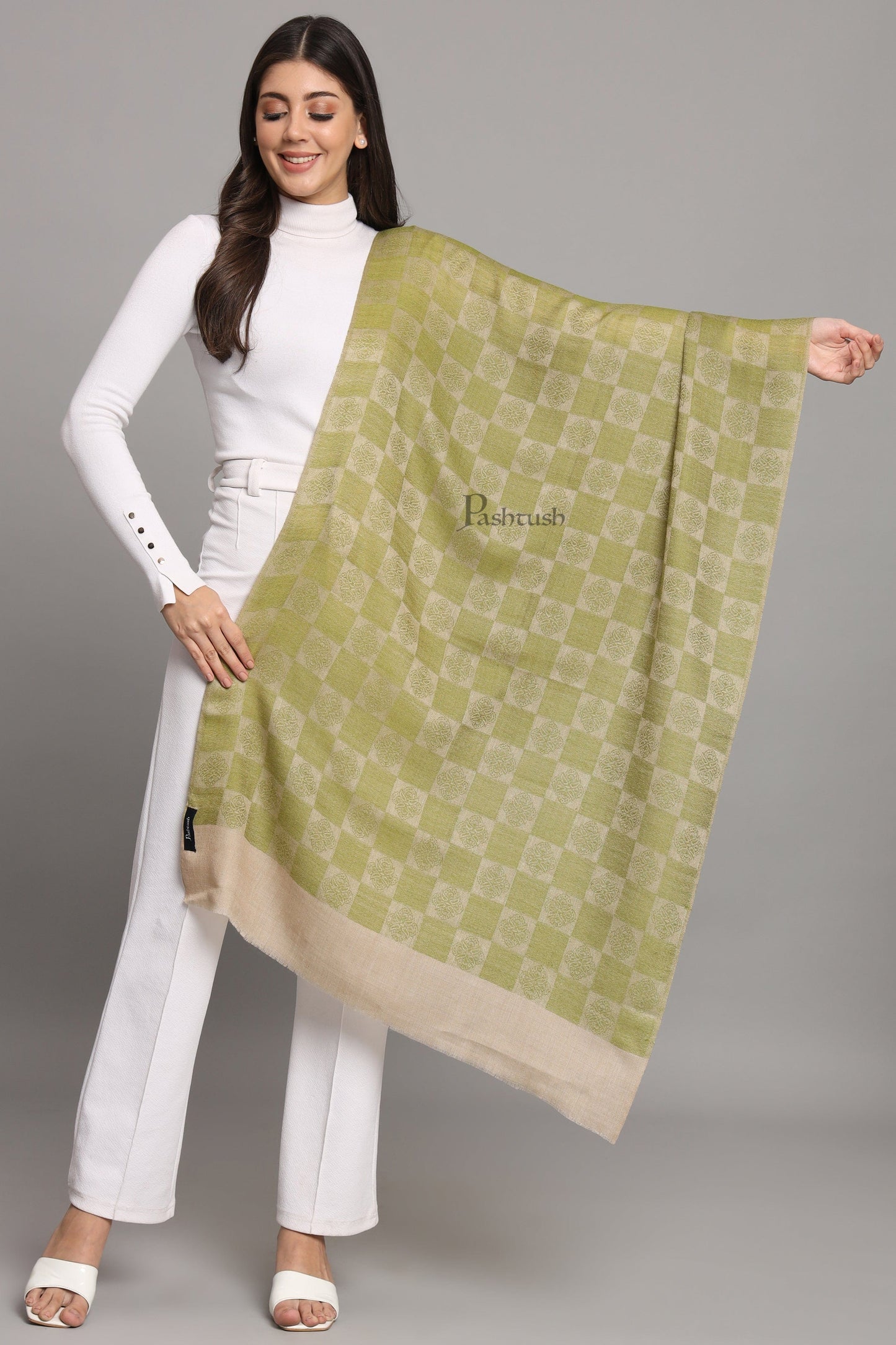 Pashtush India Womens Stoles and Scarves Scarf Pashtush Womens Extra Fine Wool Stole, Checkered Design, Green
